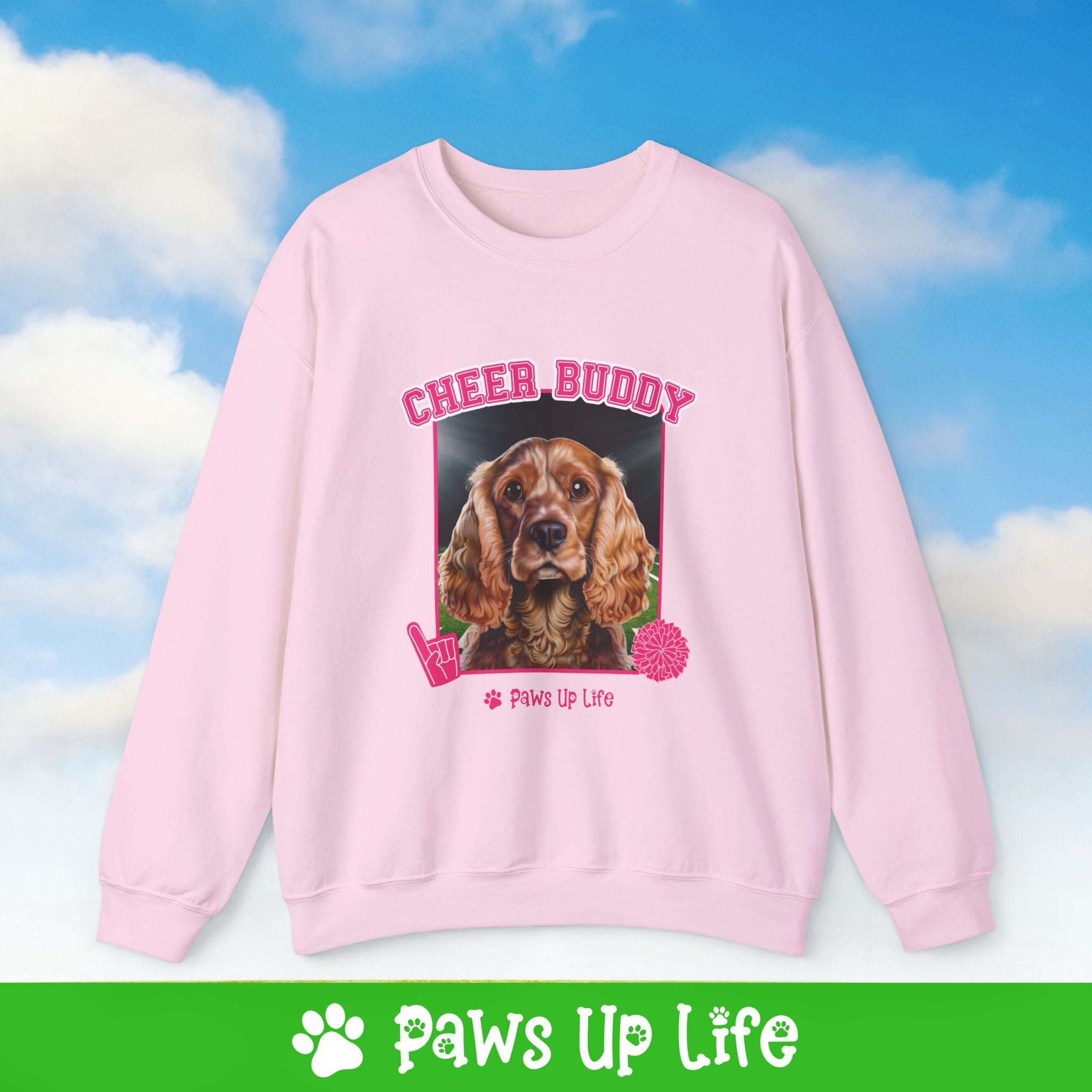 English Cocker Spaniel Football Cheer Buddy Cheerleading Dog Crewneck Sweatshirt, Unisex Gift for Animal Lovers, Dog Mom Dad Sweatshirt, Cute Dog Lover Apparel, Fun Pet | Paws Up Life, LLC