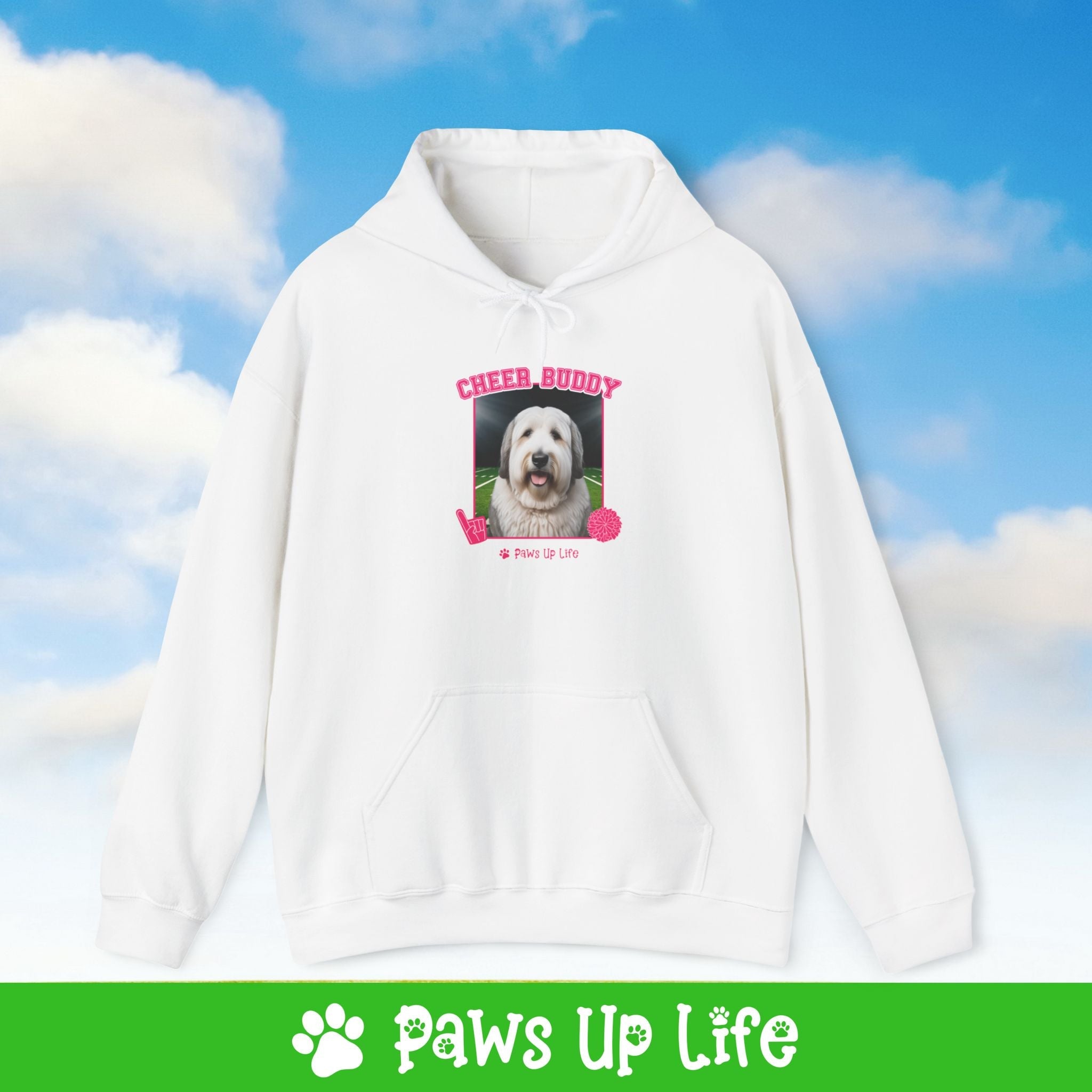 White Old English Sheep Dog Football Cheer Buddy Cheerleading Dog Unisex Hoodie Hooded Sweatshirt Classic Comfy Cotton | Paws Up Life, LLC