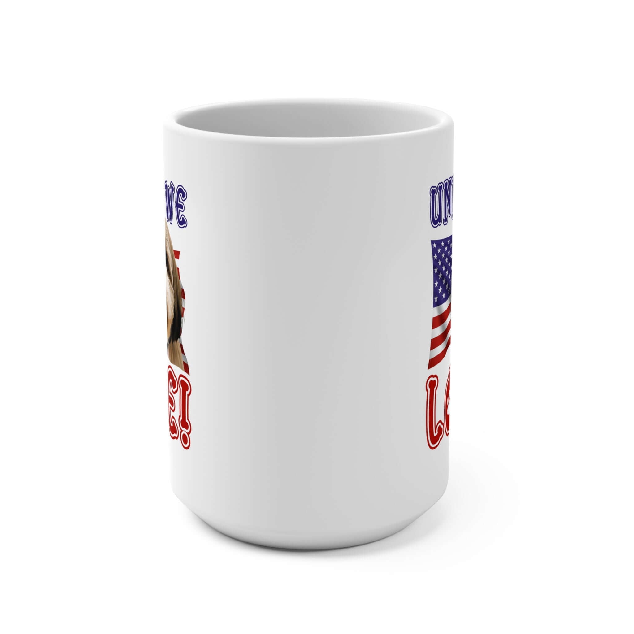 "United We Love" Shih Tzu 15oz Ceramic Mug – Fun Patriotic Dog Lover Drinkware, Perfect for Coffee & Tea! | Paws Up Life, LLC