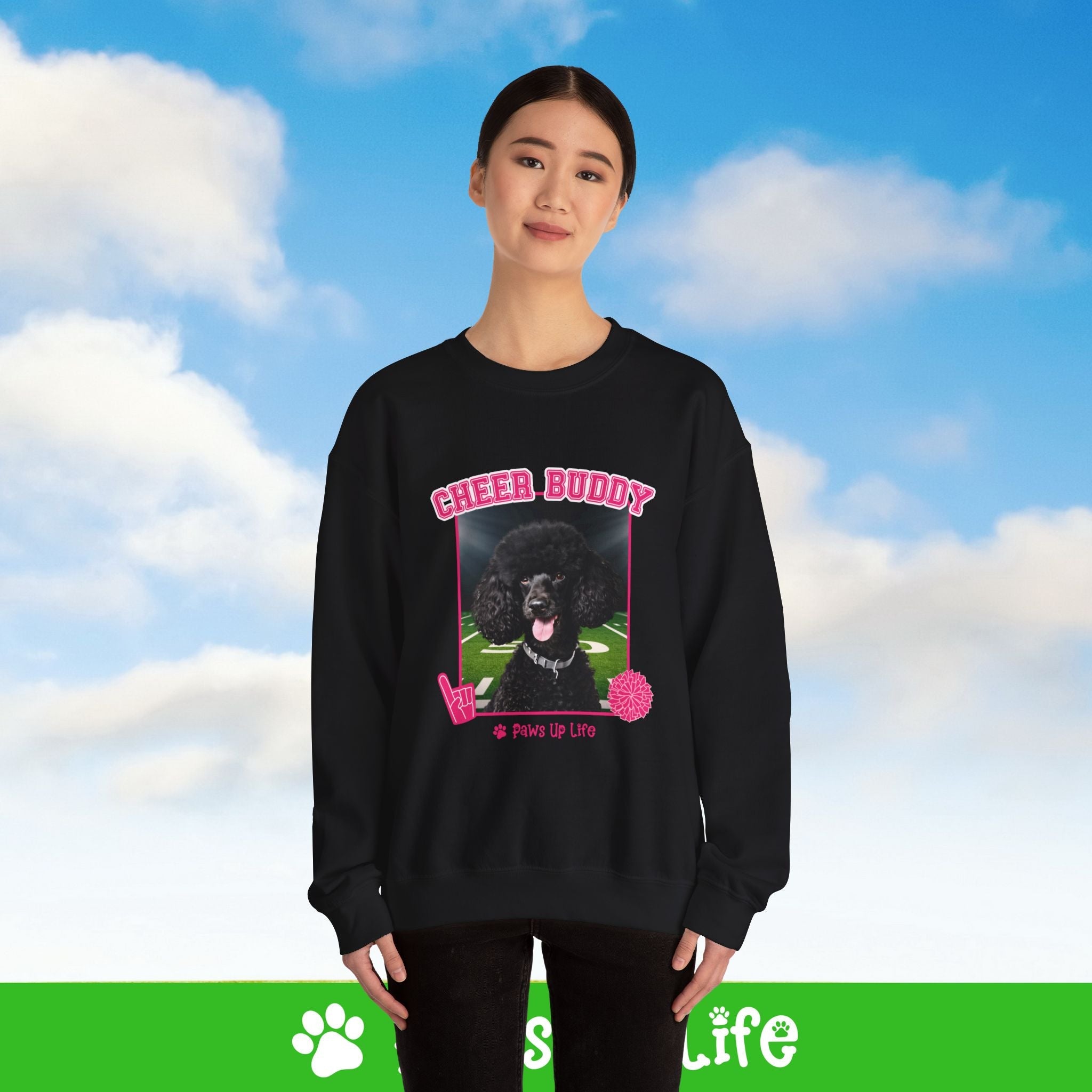 Black Poodle Football Cheer Buddy Cheerleading Dog Crewneck Sweatshirt, Unisex Gift for Animal Lovers, Dog Mom Dad Sweatshirt, Cute Dog Lover Apparel, Fun Pet