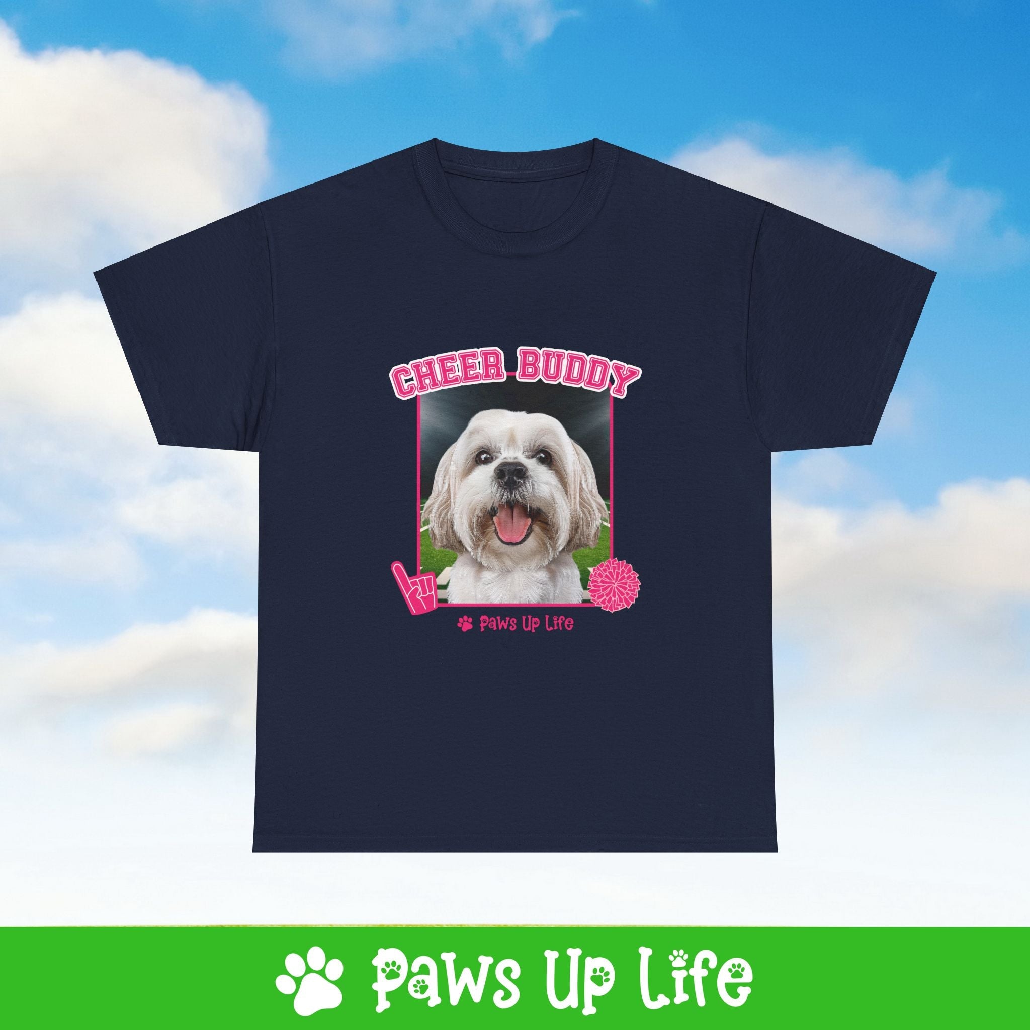 White Lhasa Apso Football Cheer Buddy Cheerleading Dog Tee, Shirt, Unisex Pet Lover Gift, Dog Mom Dad Tshirt, Animal Rescue Advocate, Cute Puppy Graphic Top Classic Collar | Paws Up Life, LLC