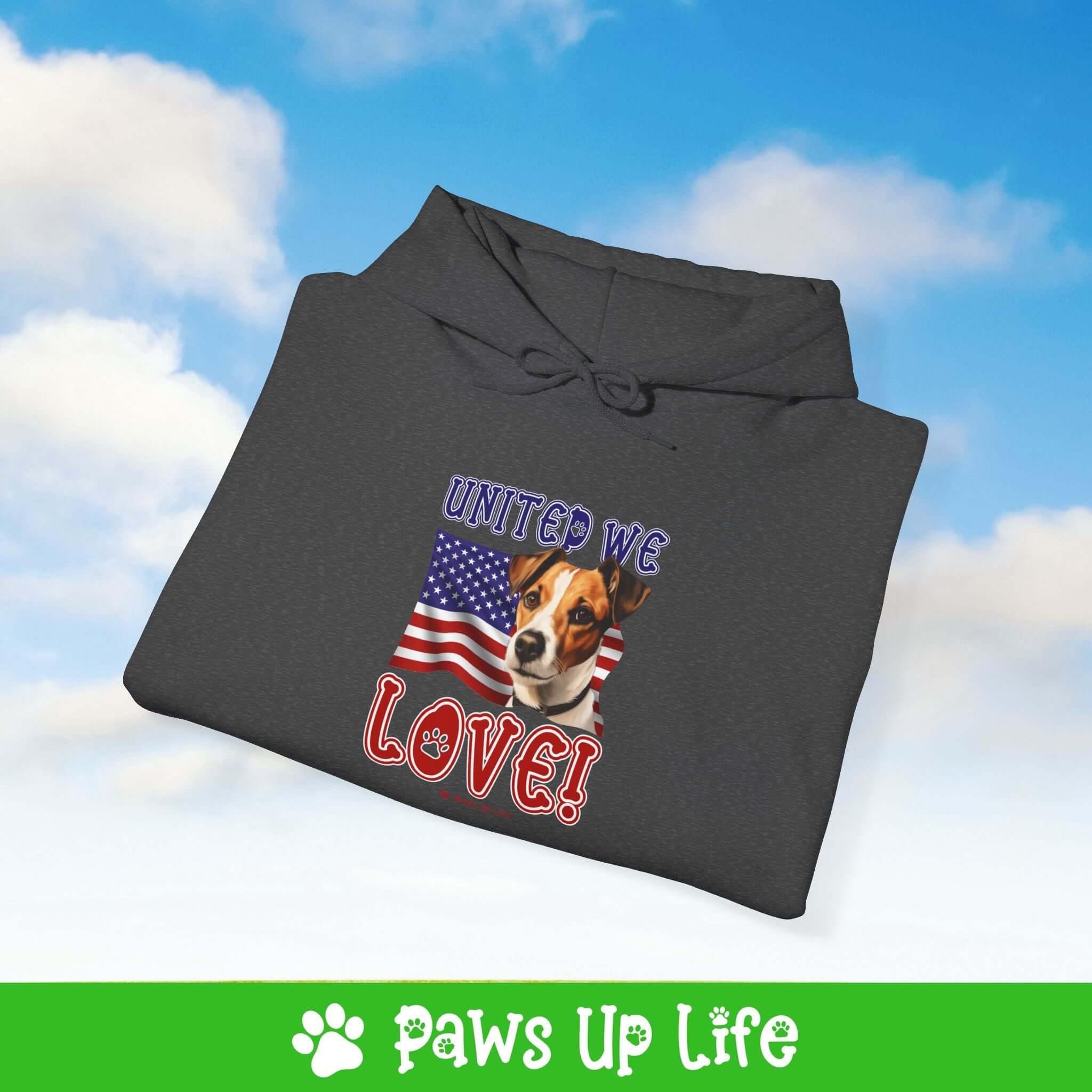 "United We Love" Russell Terrier Hoodie – Fun Dog Lover Design | Cozy 50/50 Blend Unisex Sweater, Perfect Gift for Pet Lovers!