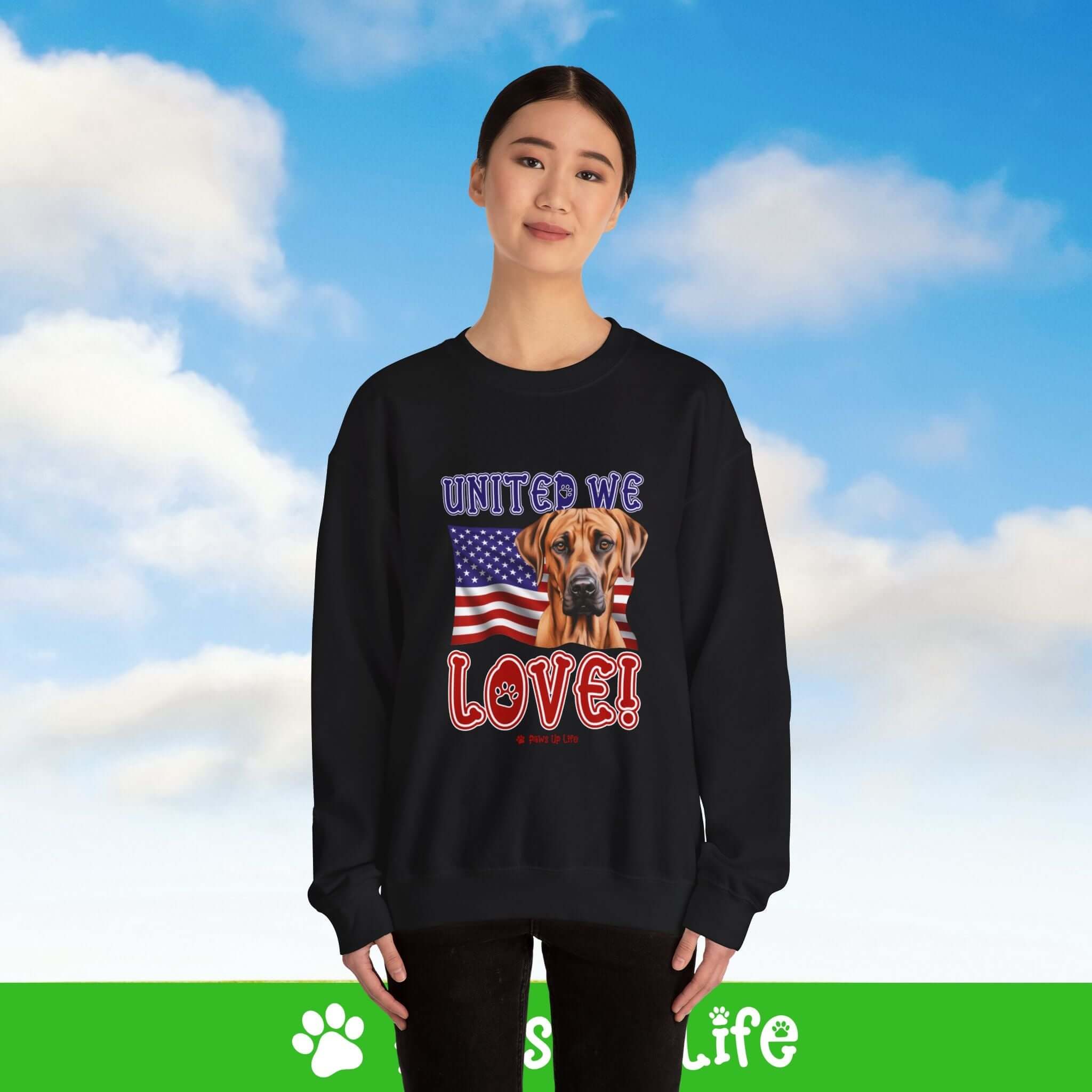 "United We Love" Rhodesian Ridgeback Dog Crewneck Sweatshirt – Patriotic Dog Lover Gift, Unisex Apparel for Proud Dog Moms & Dads