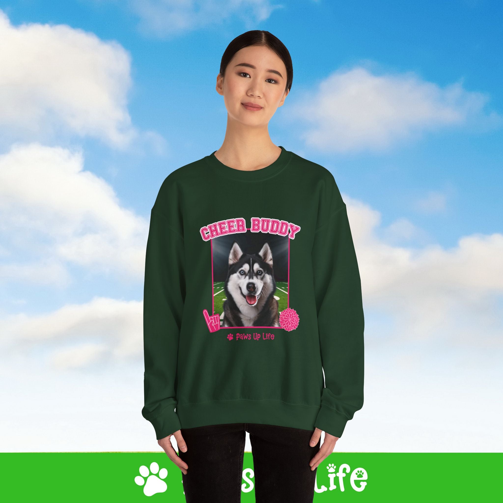 Black Siberian Husky Football Cheer Buddy Cheerleading Dog Crewneck Sweatshirt, Unisex Gift for Animal Lovers, Dog Mom Dad Sweatshirt, Cute Dog Lover Apparel, Fun Pet | Paws Up Life, LLC