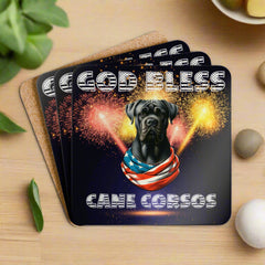 God Bless Cane Corso Patriotic Corkwood Coaster Set | Set of 4