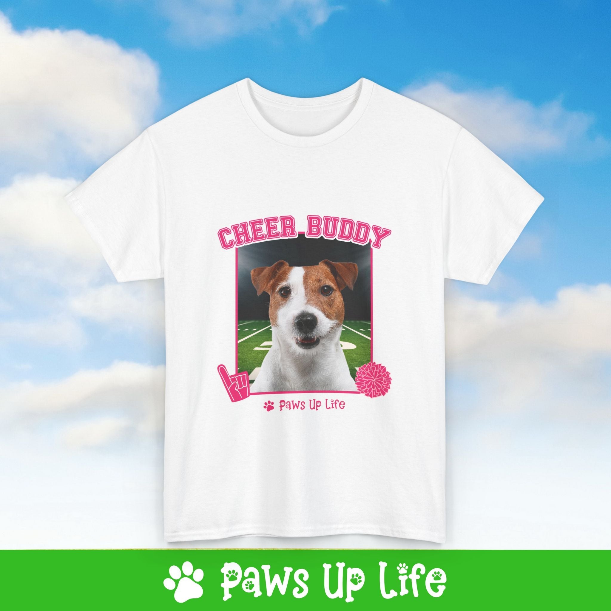 White Russell Terrier Football Cheer Buddy Cheerleading Dog Tee, Shirt, Unisex Pet Lover Gift, Dog Mom Dad Tshirt, Animal Rescue Advocate, Cute Puppy Graphic Top Classic Collar | Paws Up Life, LLC