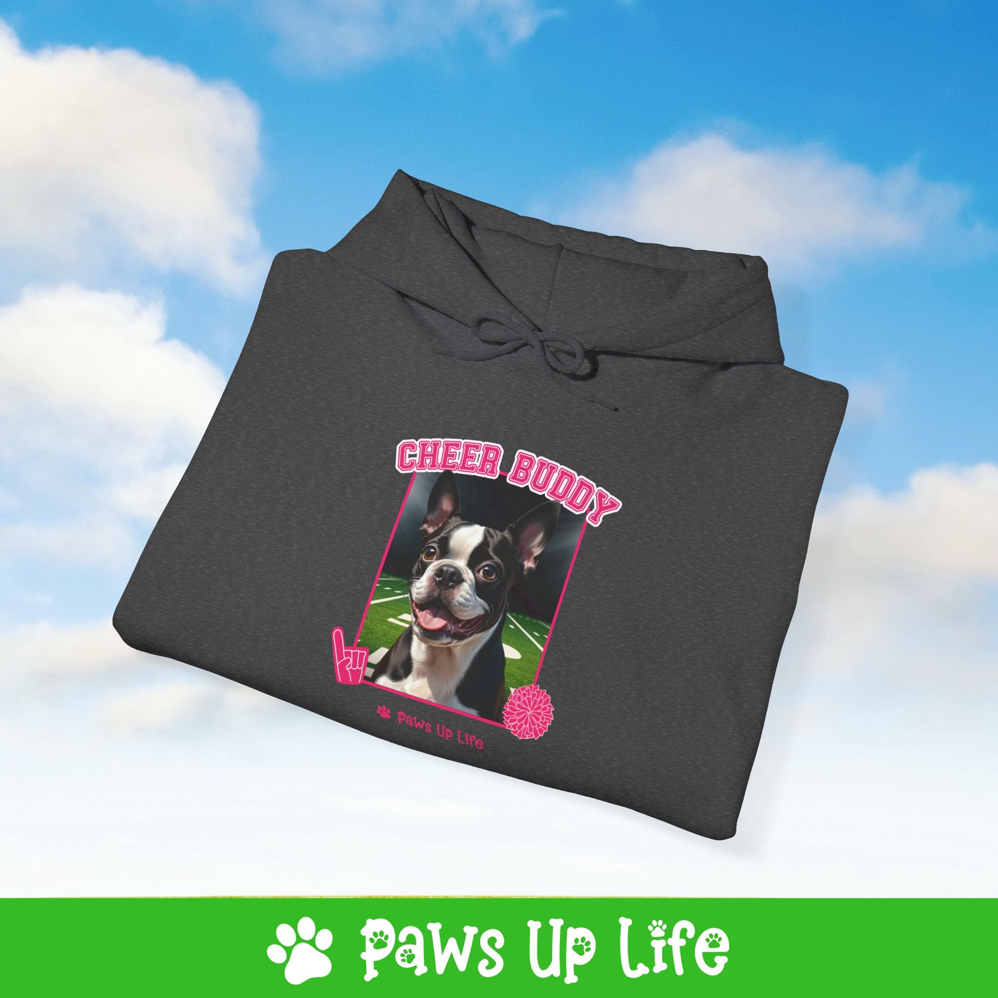 Boston Terrier Football Cheer Buddy Cheerleading Dog Unisex Hoodie Hooded Sweatshirt Classic Comfy Cotton | Paws Up Life, LLC