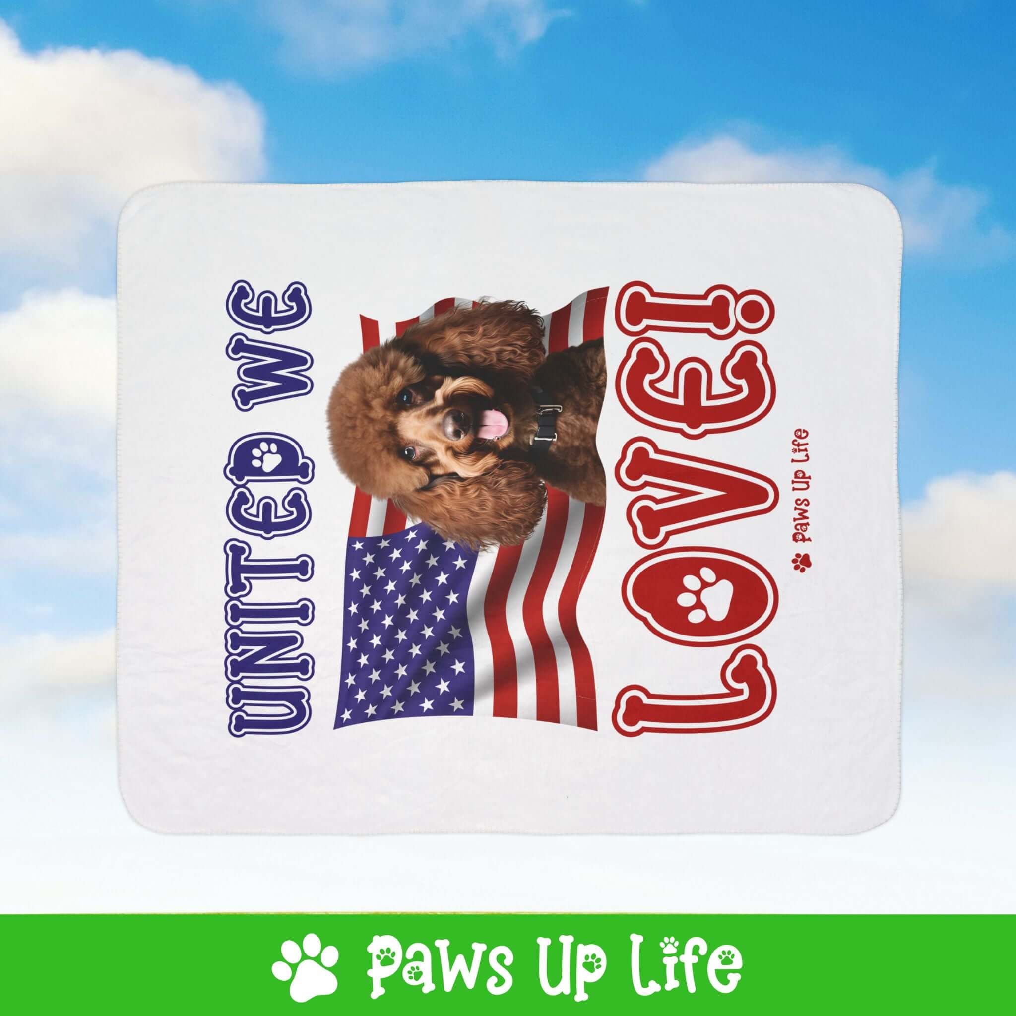 "United We Love" Brown Poodle Patriotic Fleece Sherpa Blanket - Perfect for Snuggling and Cozy Napping