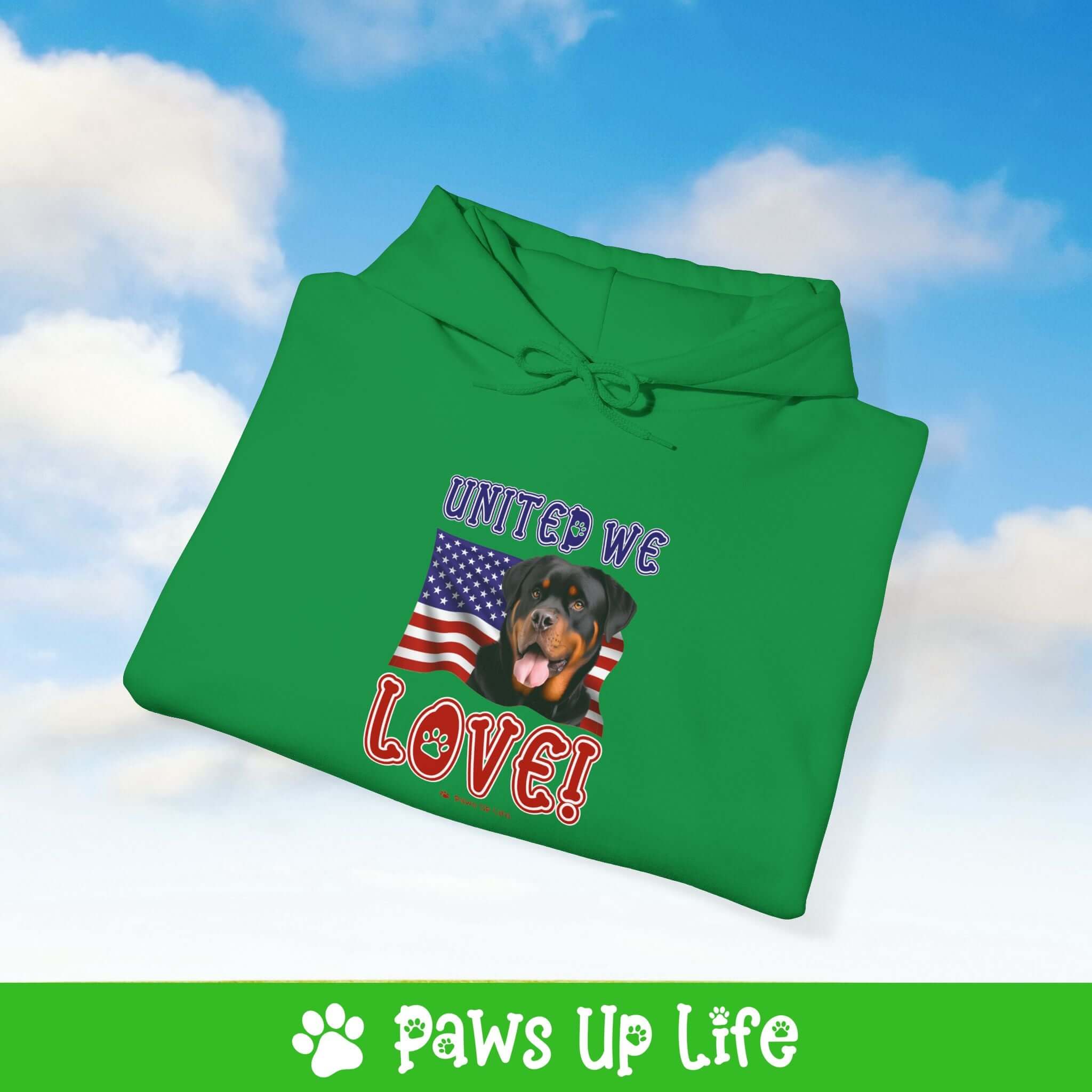 "United We Love" Rottweiler Hoodie – Fun Dog Lover Design | Cozy 50/50 Blend Unisex Sweater, Perfect Gift for Pet Lovers!