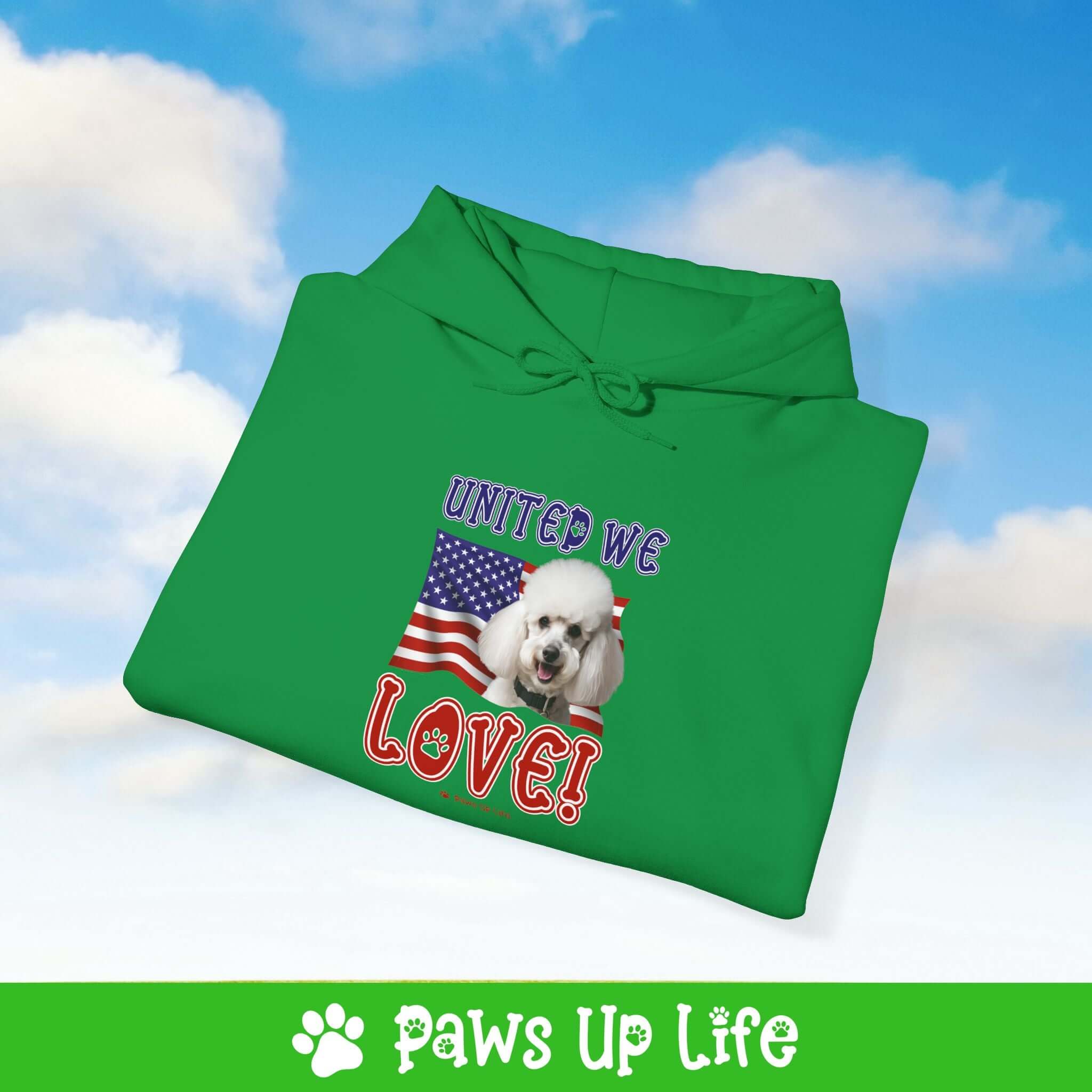 "United We Love" White Poodle Hoodie – Fun Dog Lover Design | Cozy 50/50 Blend Unisex Sweater, Perfect Gift for Pet Lovers!