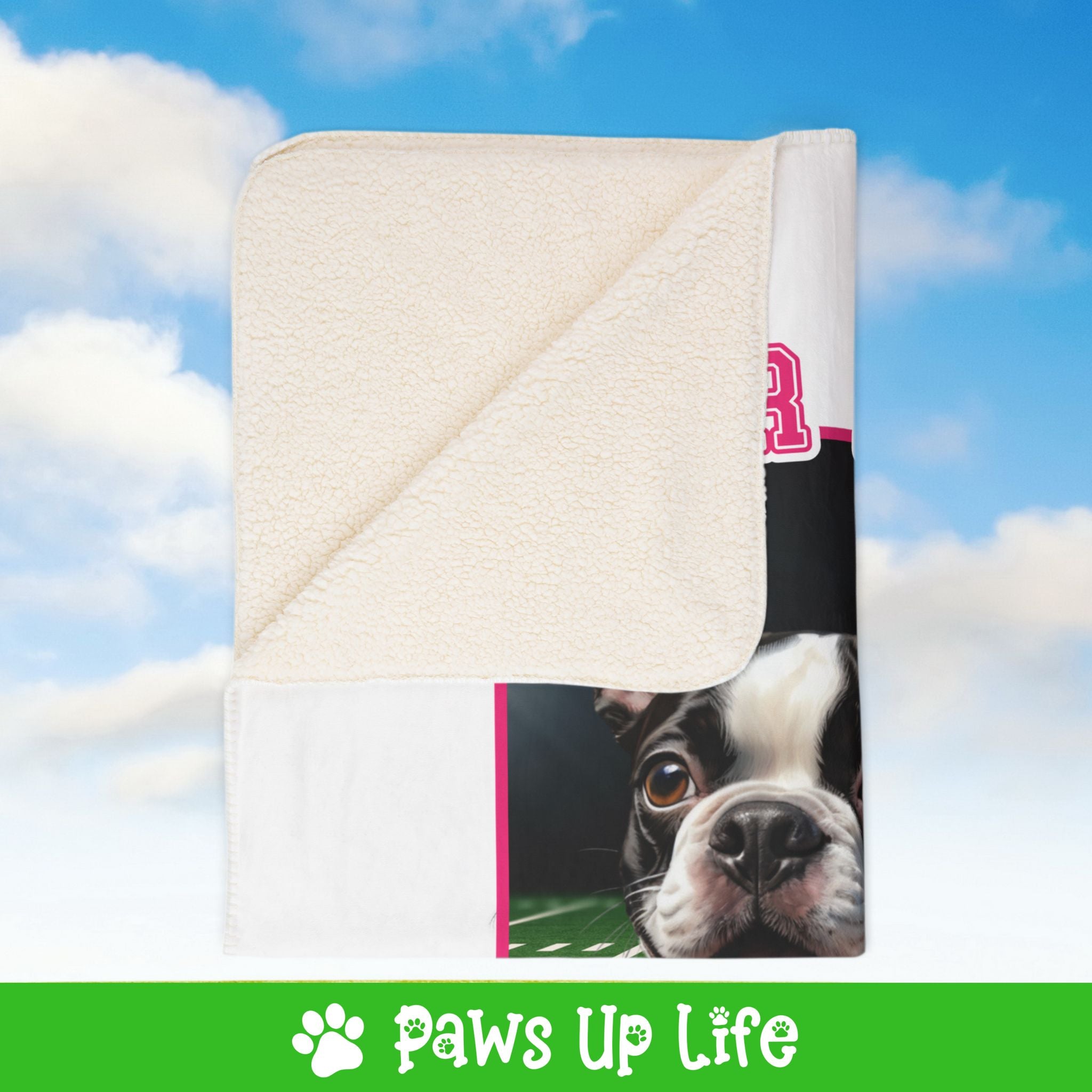 Boston Terrier Football Cheer Buddy Cheerleading Dog Fleece Sherpa Blanket - Perfect for Snuggling and Cozy Napping | Paws Up Life, LLC