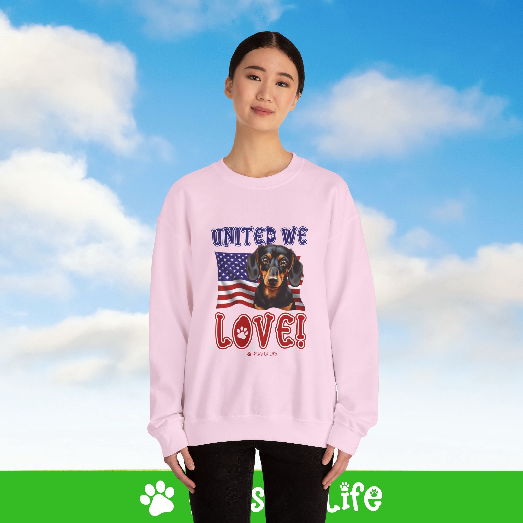 Dachshund Dog United We Love Dog Crewneck Sweatshirt, Unisex Gift for Animal Lovers, Dog Mom Dad Sweatshirt, Cute Dog Lover Apparel, Fun Pet | Paws Up Life, LLC