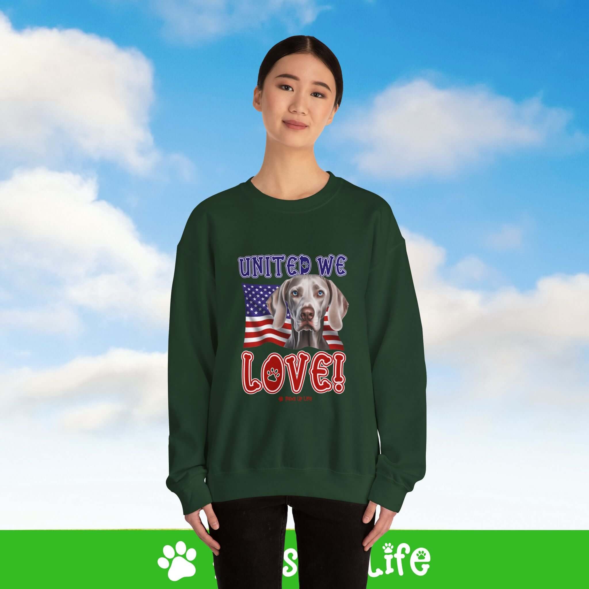 "United We Love" Weimaraner Patriotic Dog Lover Unisex Cotton Crewneck Sweatshirt – The Perfect Cozy Gift for Proud Pet Parents! | Paws Up Life, LLC