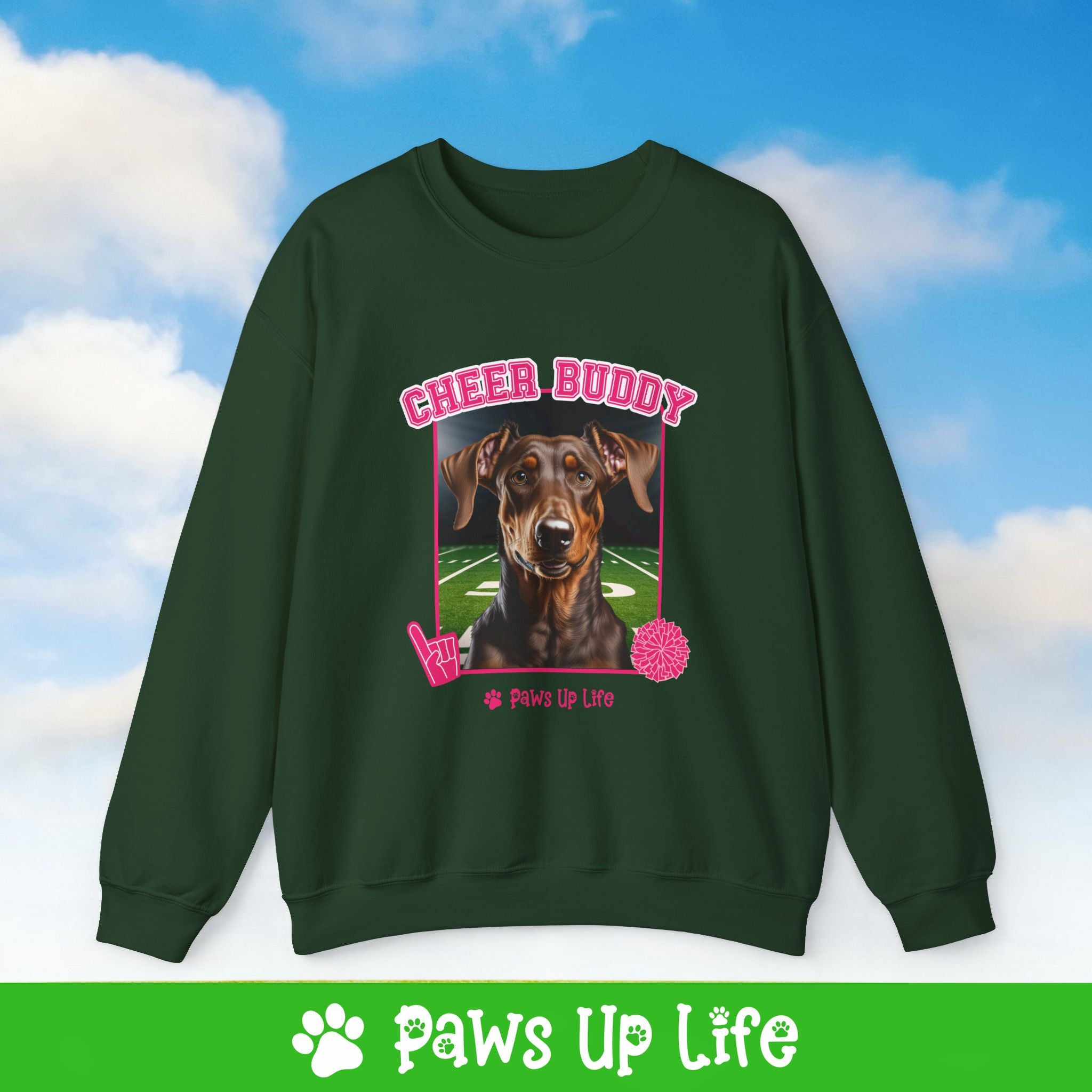 Doberman Pinscher Football Cheer Buddy Cheerleading Dog Crewneck Sweatshirt, Unisex Gift for Animal Lovers, Dog Mom Dad Sweatshirt, Cute Dog Lover Apparel, Fun Pet | Paws Up Life, LLC