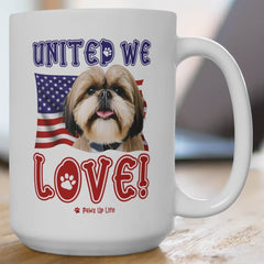 "United We Love" Shih Tzu 15oz Ceramic Mug – Fun Patriotic Dog Lover Drinkware, Perfect for Coffee & Tea!