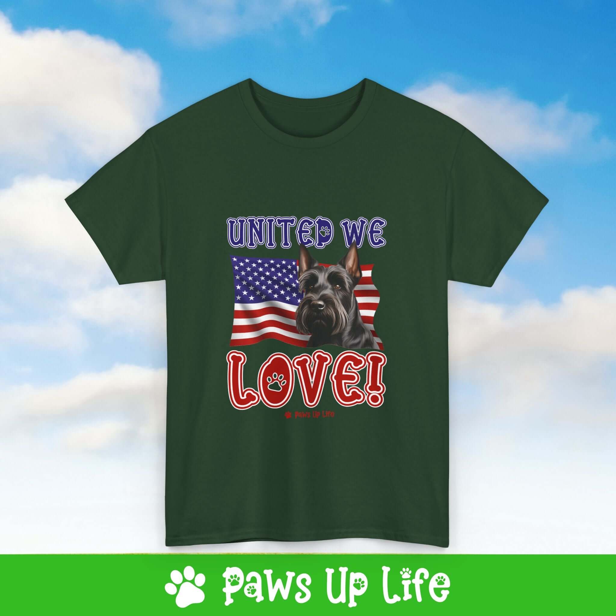 "United We Love" Scottish Terrier Lover T-Shirt – Perfect Patriotic Gift for Dog Lovers, Unisex Dog Mom & Dad Tee with a Fun Dog Design