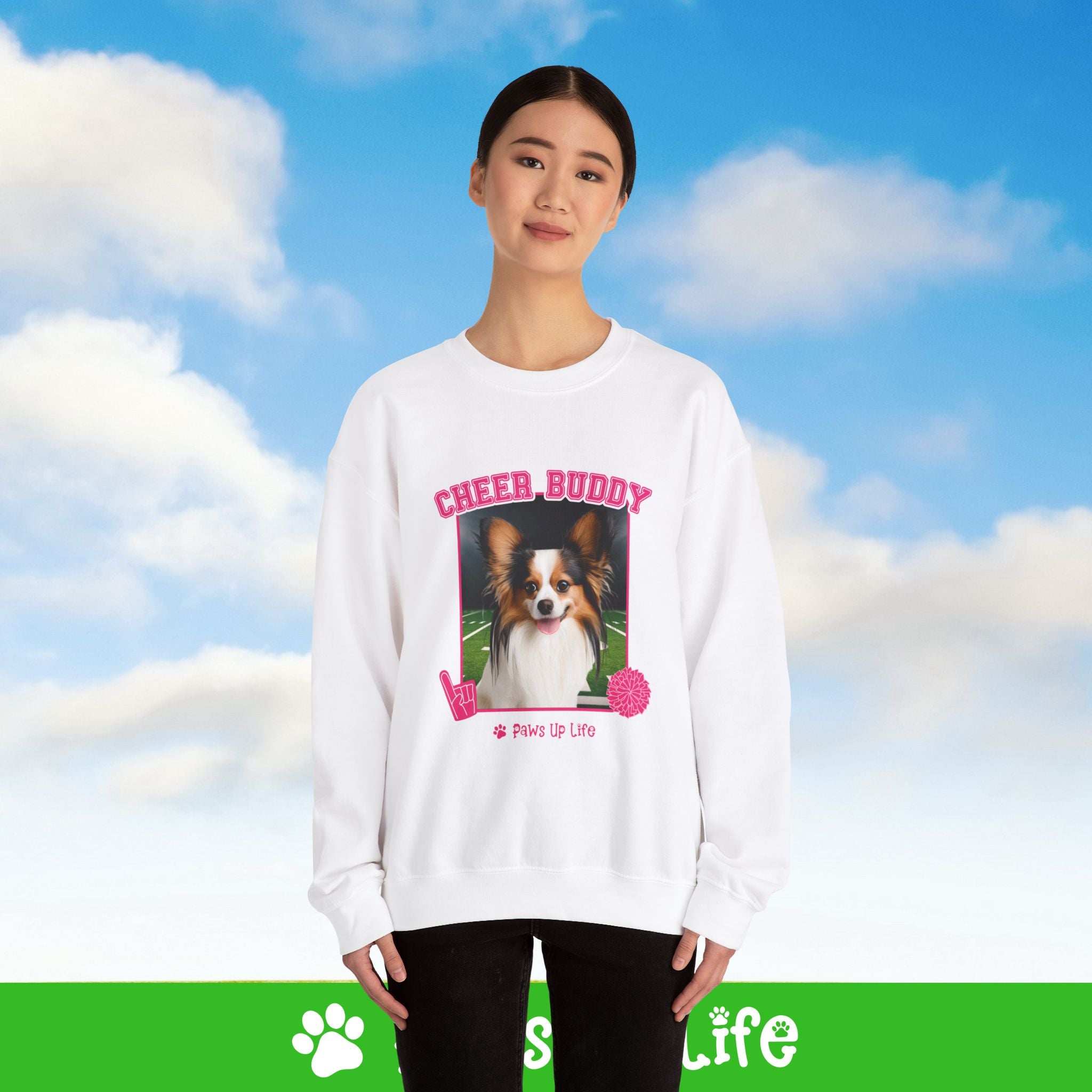 Papillon Football Cheer Buddy Cheerleading Dog Crewneck Sweatshirt, Unisex Gift for Animal Lovers, Dog Mom Dad Sweatshirt, Cute Dog Lover Apparel, Fun Pet | Paws Up Life, LLC