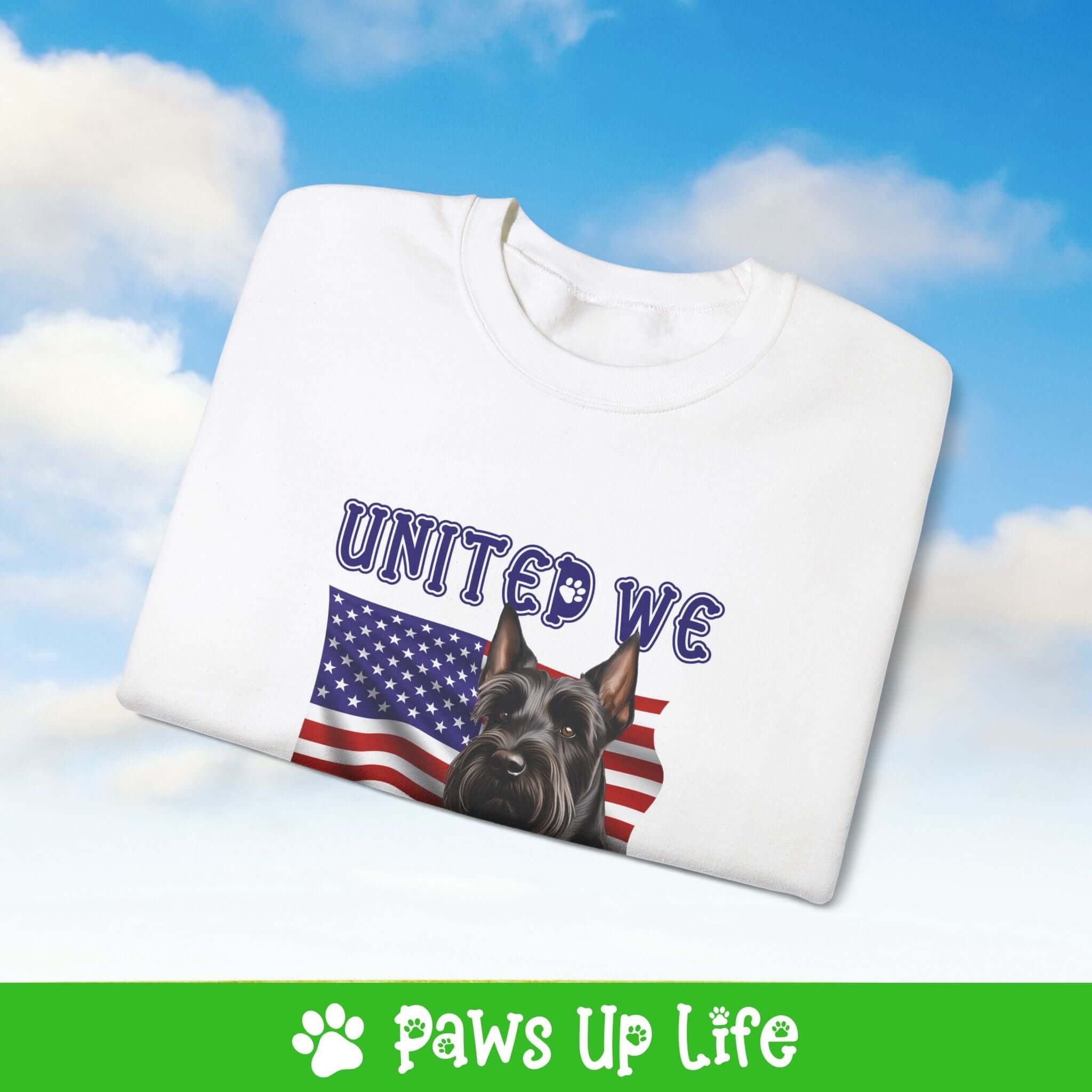 "United We Love" Scottish Terrier Dog Crewneck Sweatshirt – Patriotic Dog Lover Gift, Unisex Apparel for Proud Dog Moms & Dads