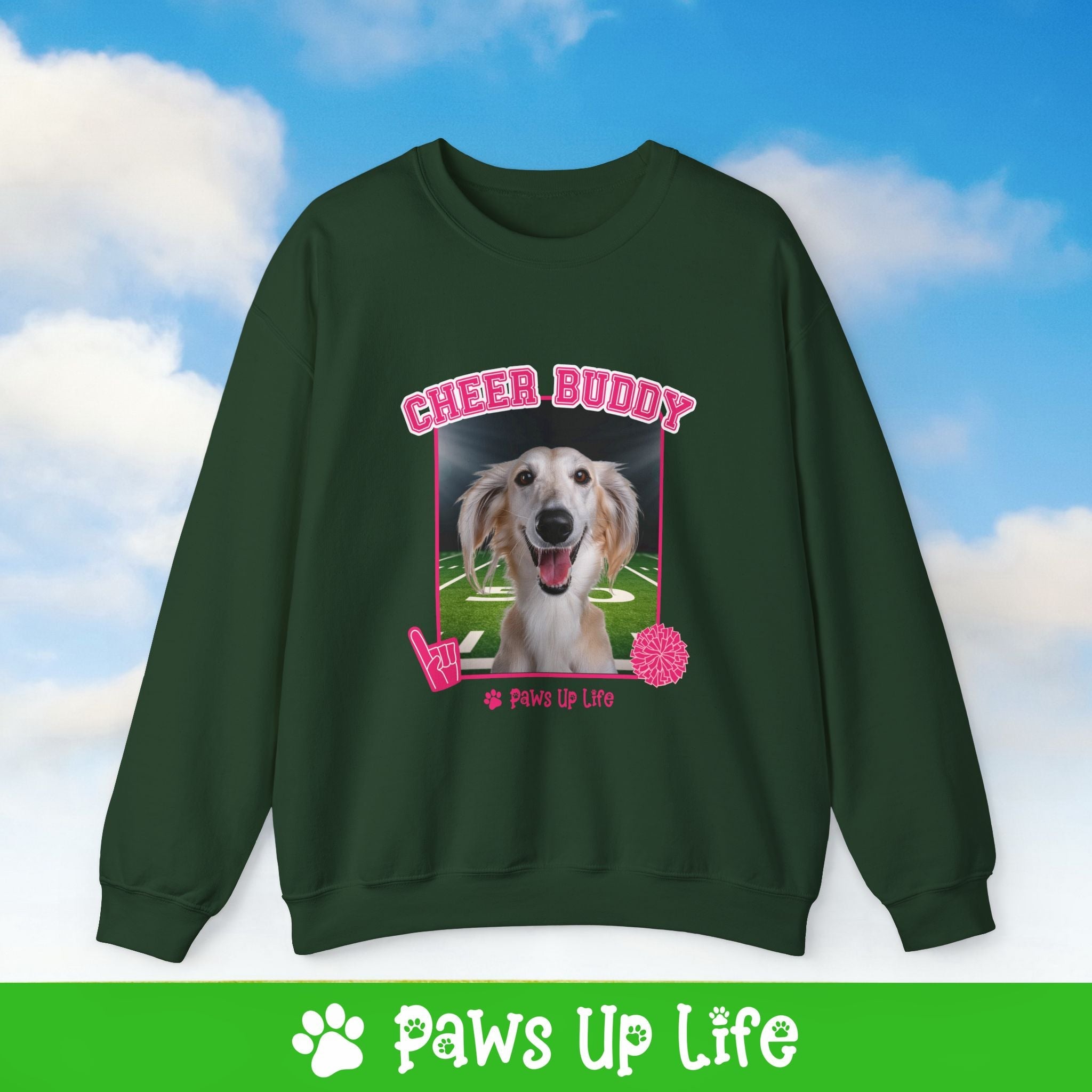 Saluki Football Cheer Buddy Cheerleading Dog Crewneck Sweatshirt, Unisex Gift for Animal Lovers, Dog Mom Dad Sweatshirt, Cute Dog Lover Apparel, Fun Pet | Paws Up Life, LLC