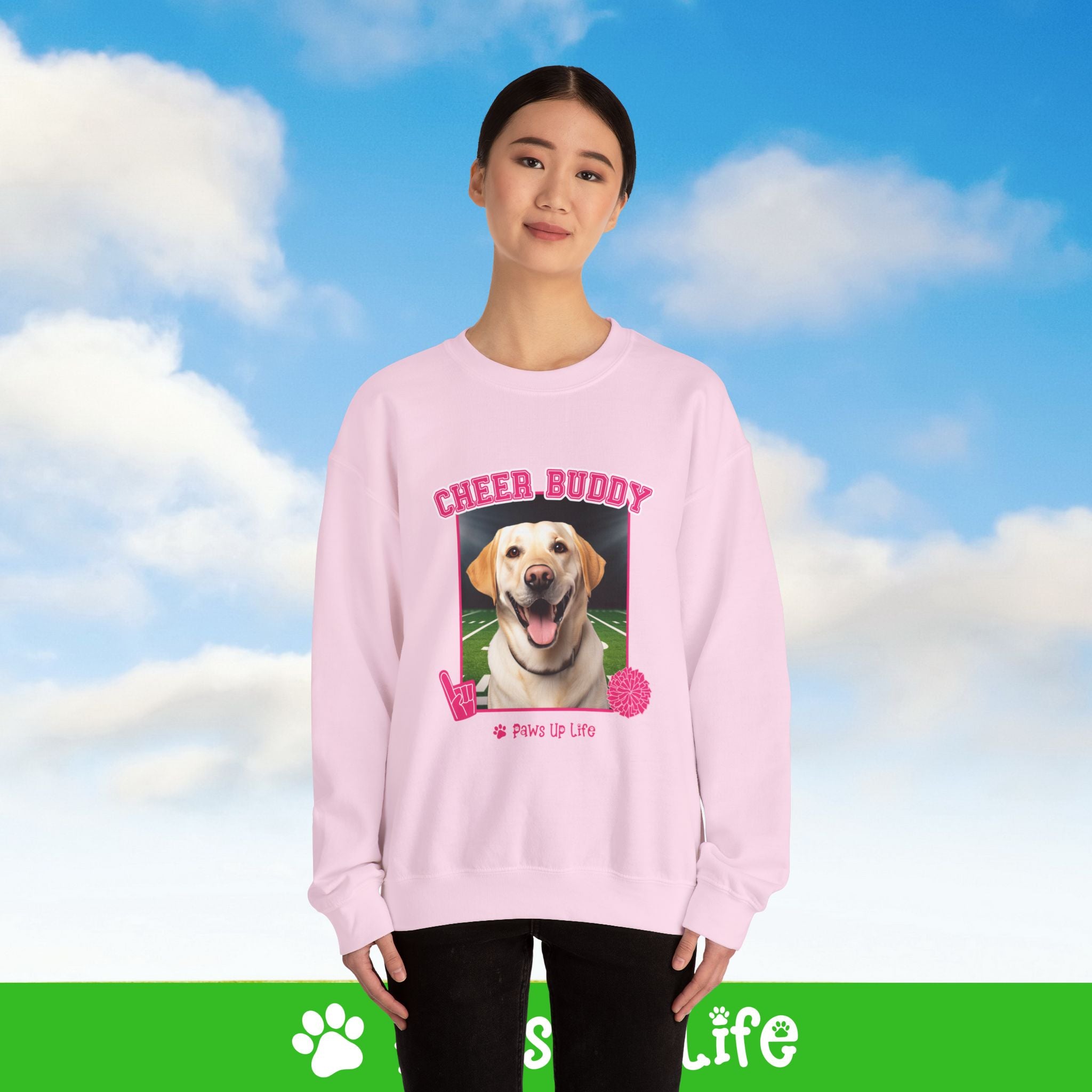 Labrador Retriever Yellow Lab Football Cheer Buddy Cheerleading Dog Crewneck Sweatshirt, Unisex Gift for Animal Lovers, Dog Mom Dad Sweatshirt, Cute Dog Lover Apparel, Fun Pet | Paws Up Life, LLC