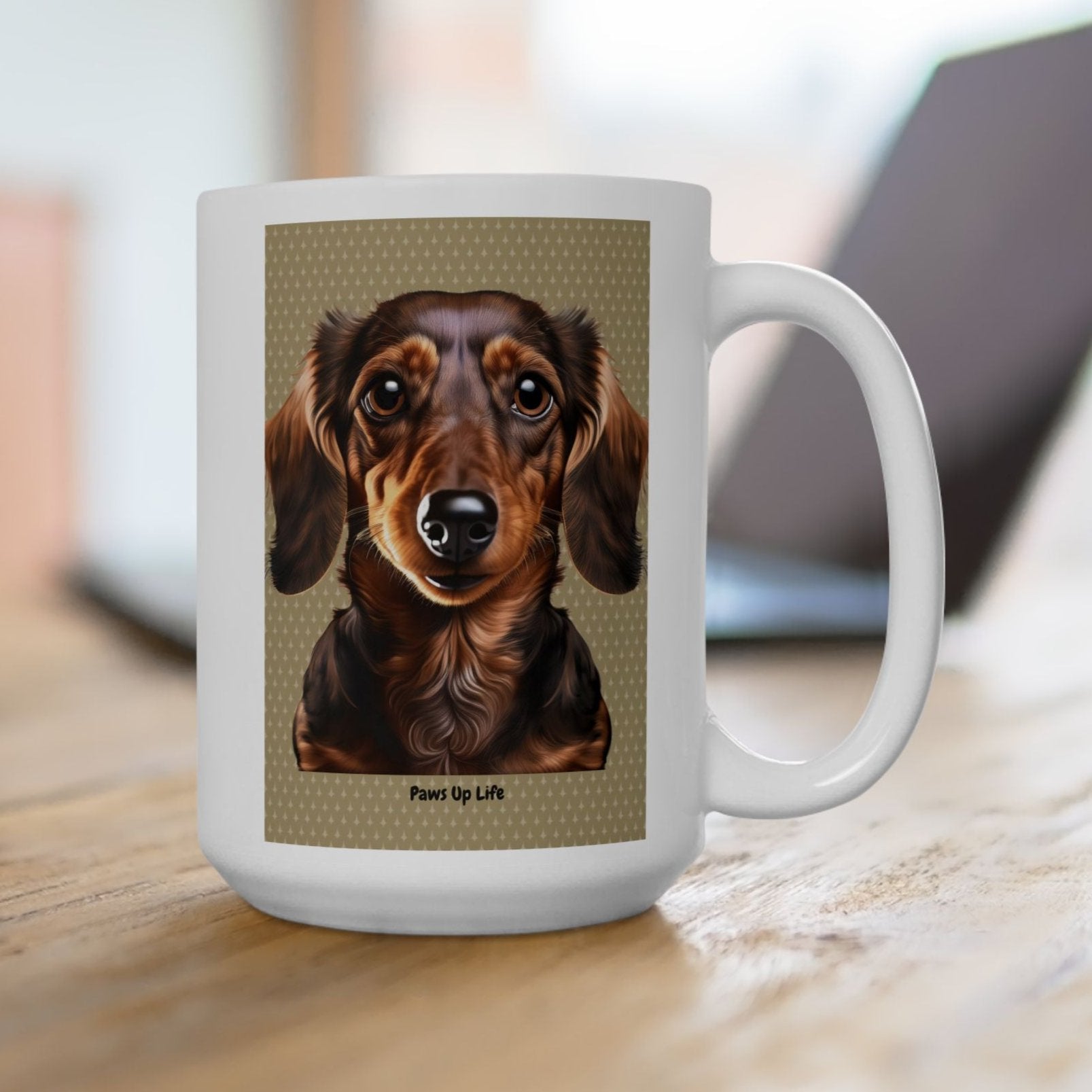 15 oz White Ceramic Mug with Adorable Long-Haired Dachshund Design – Ideal for Coffee, Tea, and Dog Enthusiasts.