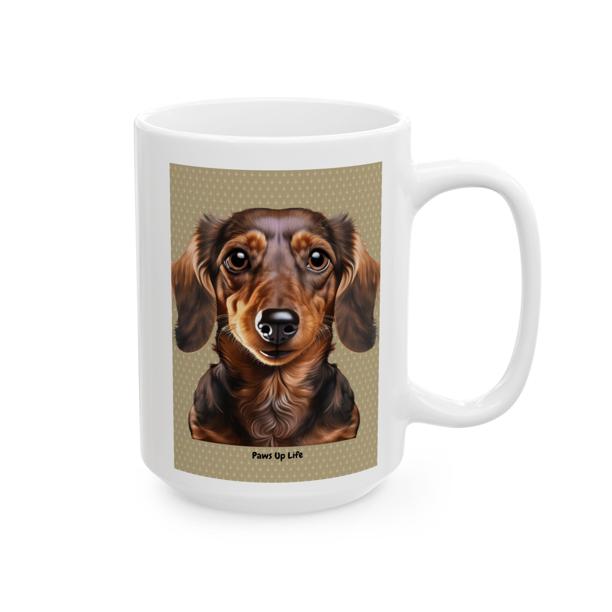 15 oz White Ceramic Mug with Adorable Long-Haired Dachshund Design – Ideal for Coffee, Tea, and Dog Enthusiasts.