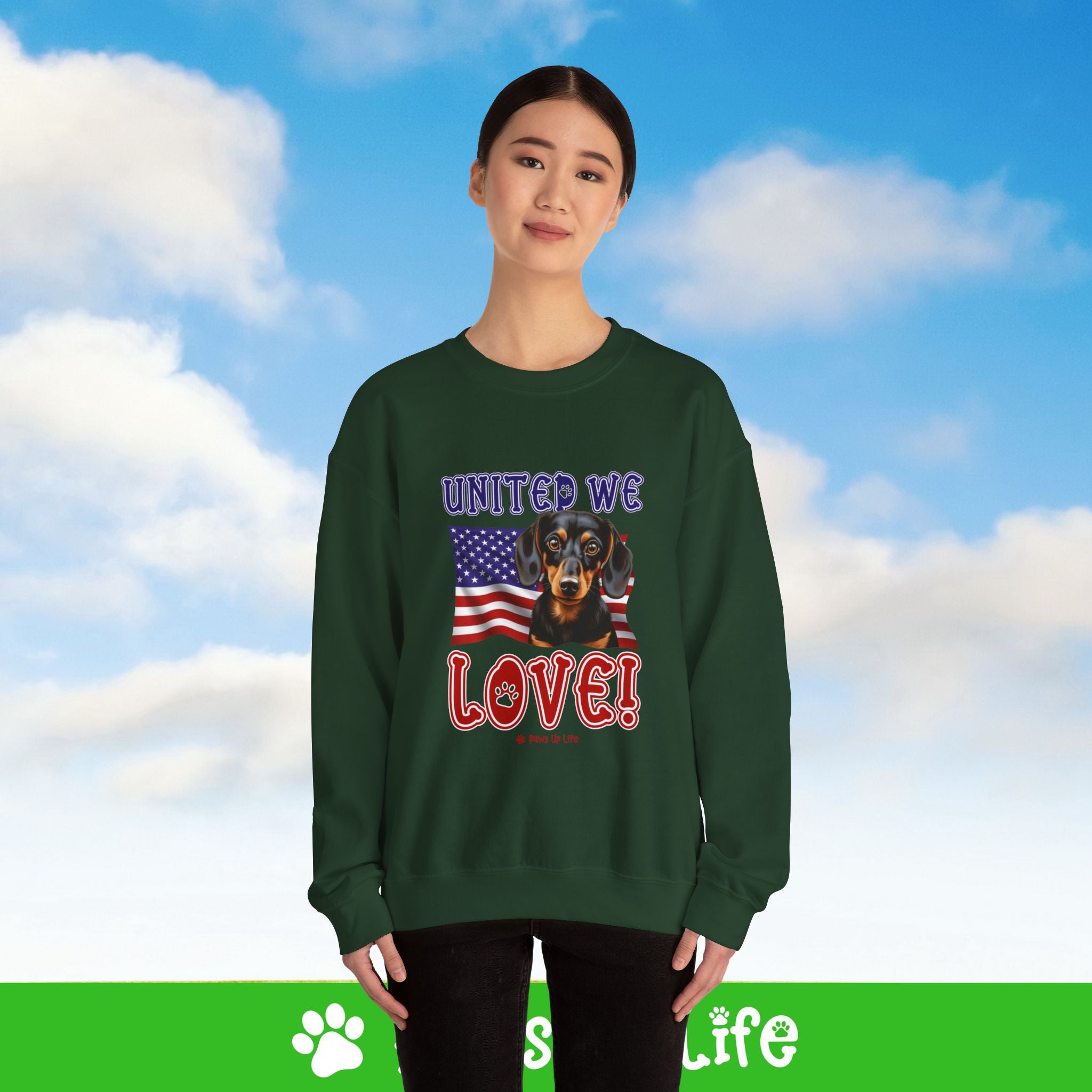 Dachshund Dog United We Love Dog Crewneck Sweatshirt, Unisex Gift for Animal Lovers, Dog Mom Dad Sweatshirt, Cute Dog Lover Apparel, Fun Pet | Paws Up Life, LLC