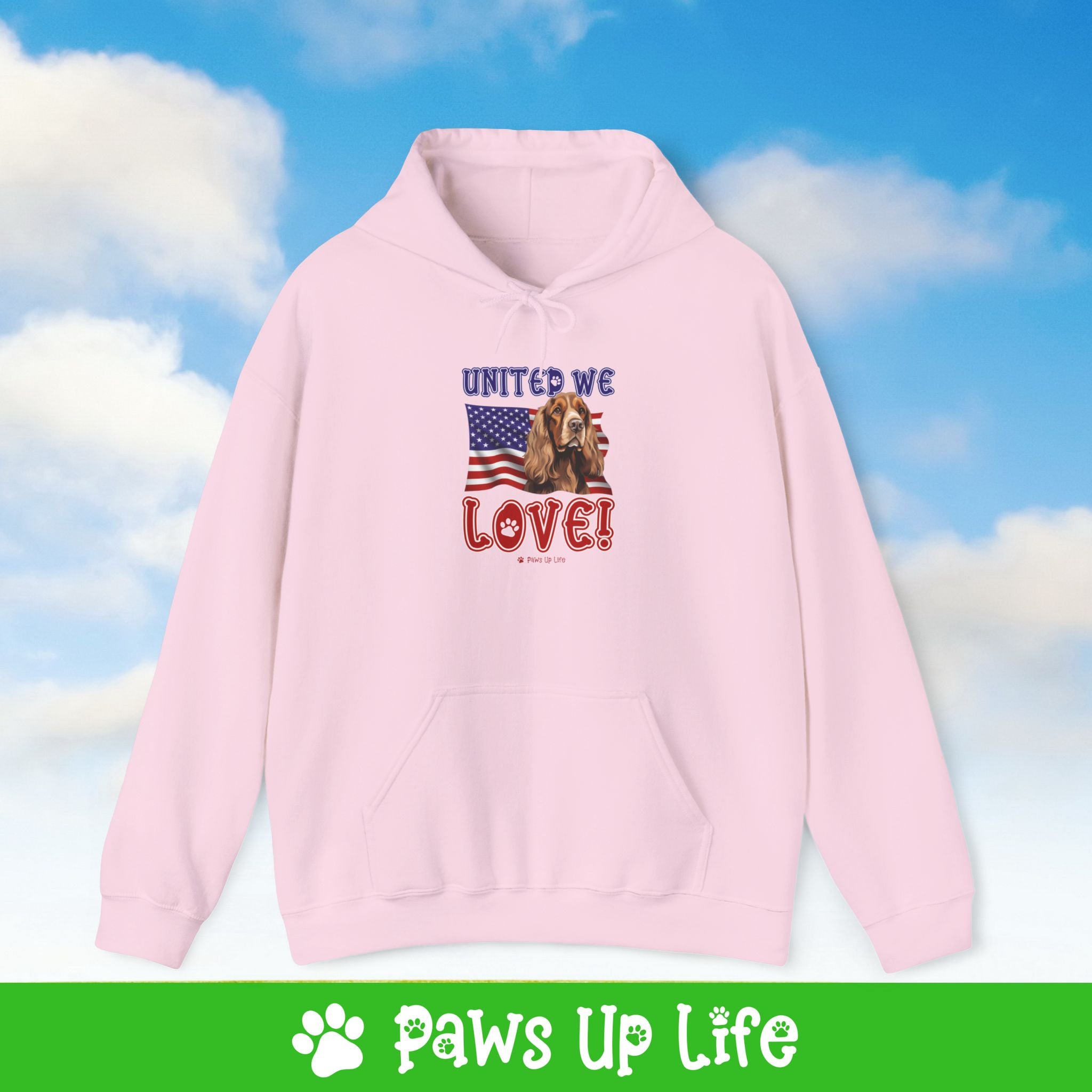 English Cocker Spaniel Dog United We Love Unisex Hoodie Hooded Sweatshirt Classic Comfy Cotton | Paws Up Life, LLC