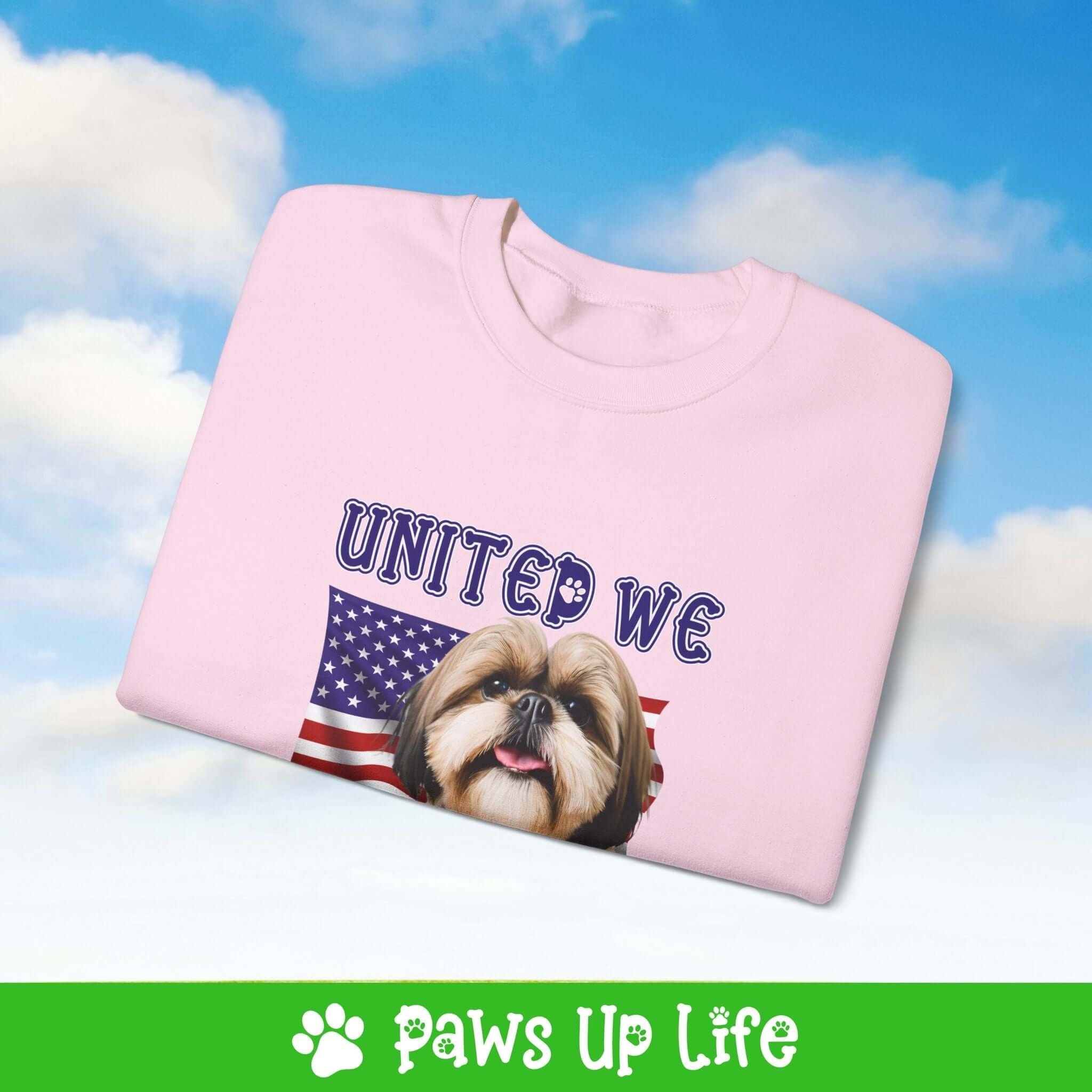 "United We Love"Shih Tzu Dog Crewneck Sweatshirt – Patriotic Dog Lover Gift, Unisex Apparel for Proud Dog Moms & Dads