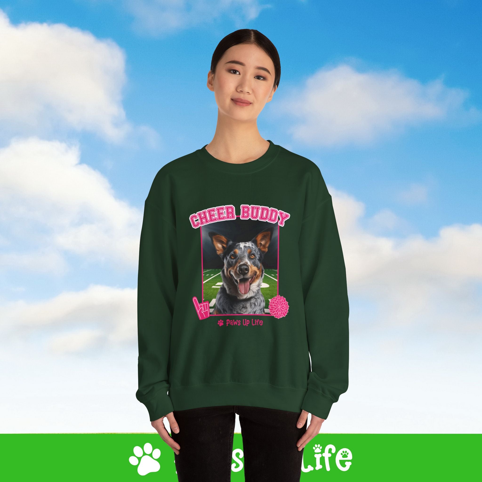 Australian Cattle Dog Cheer Buddy Cheerleading Dog Crewneck Sweatshirt, Unisex Gift for Animal Lovers, Dog Mom Dad Sweatshirt, Cute Dog Lover Apparel, Fun Pet | Paws Up Life, LLC