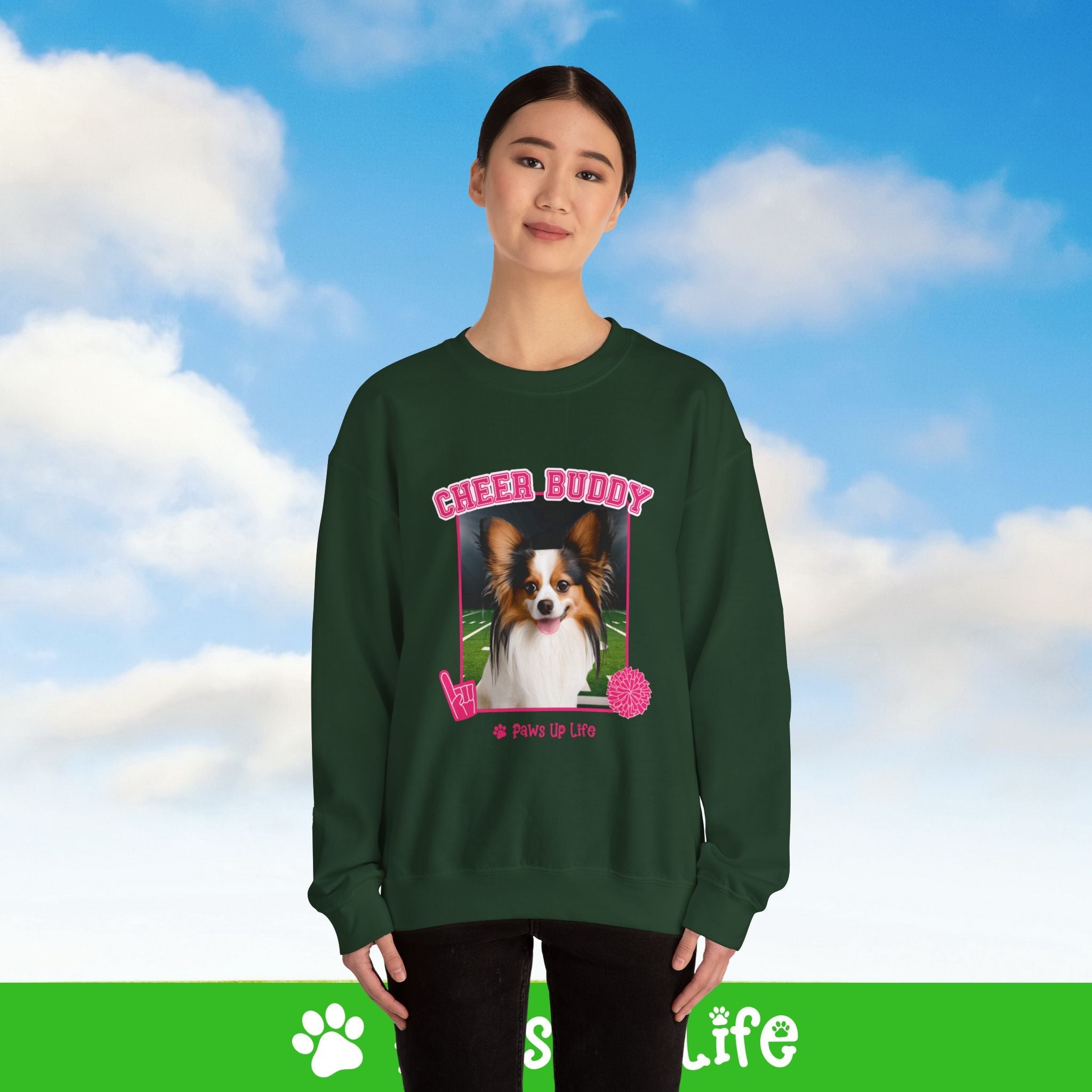 Papillon Football Cheer Buddy Cheerleading Dog Crewneck Sweatshirt, Unisex Gift for Animal Lovers, Dog Mom Dad Sweatshirt, Cute Dog Lover Apparel, Fun Pet | Paws Up Life, LLC