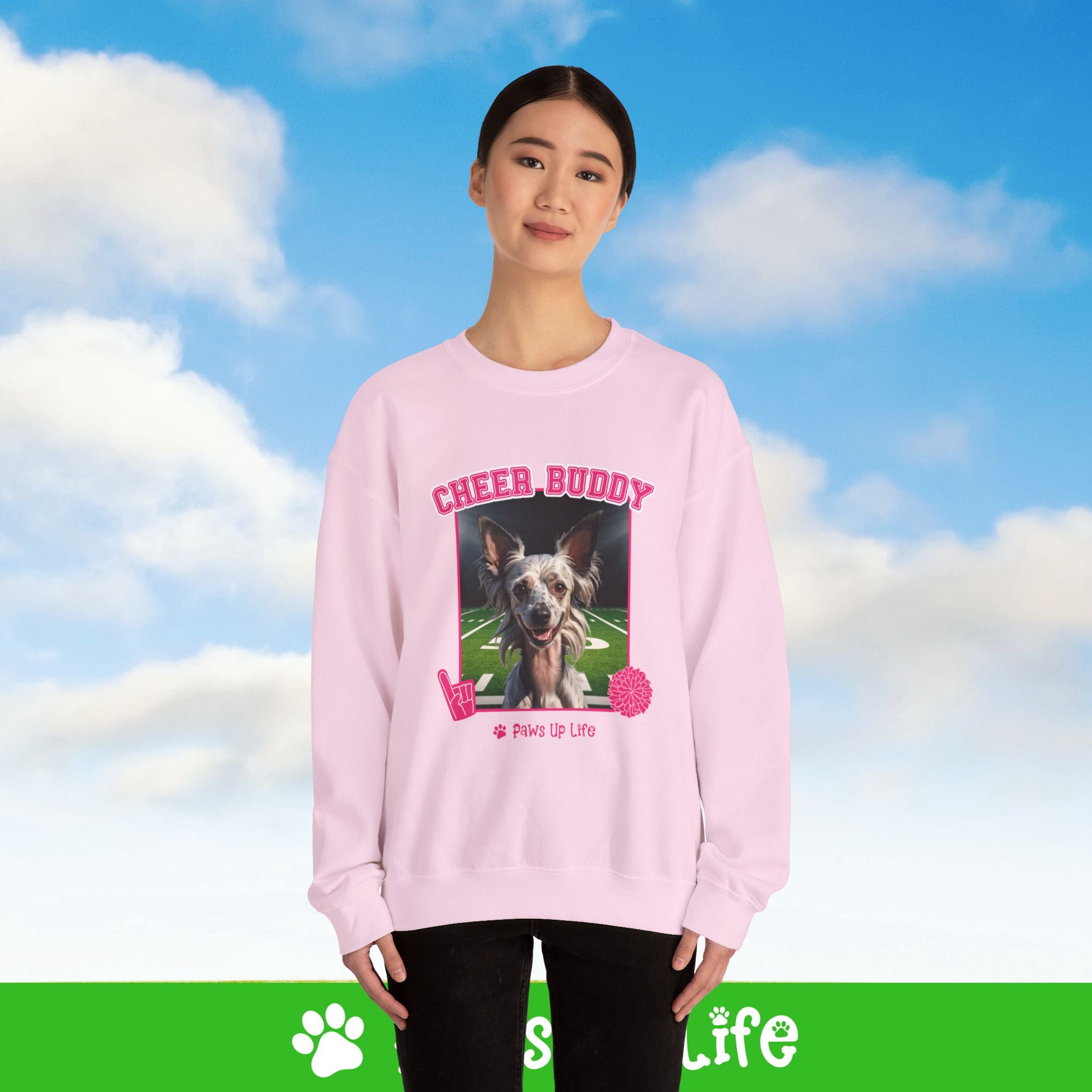 Chinese Crested Football Cheer Buddy Cheerleading Dog Crewneck Sweatshirt, Unisex Gift for Animal Lovers, Dog Mom Dad Sweatshirt, Cute Dog Lover Apparel, Fun Pet | Paws Up Life, LLC