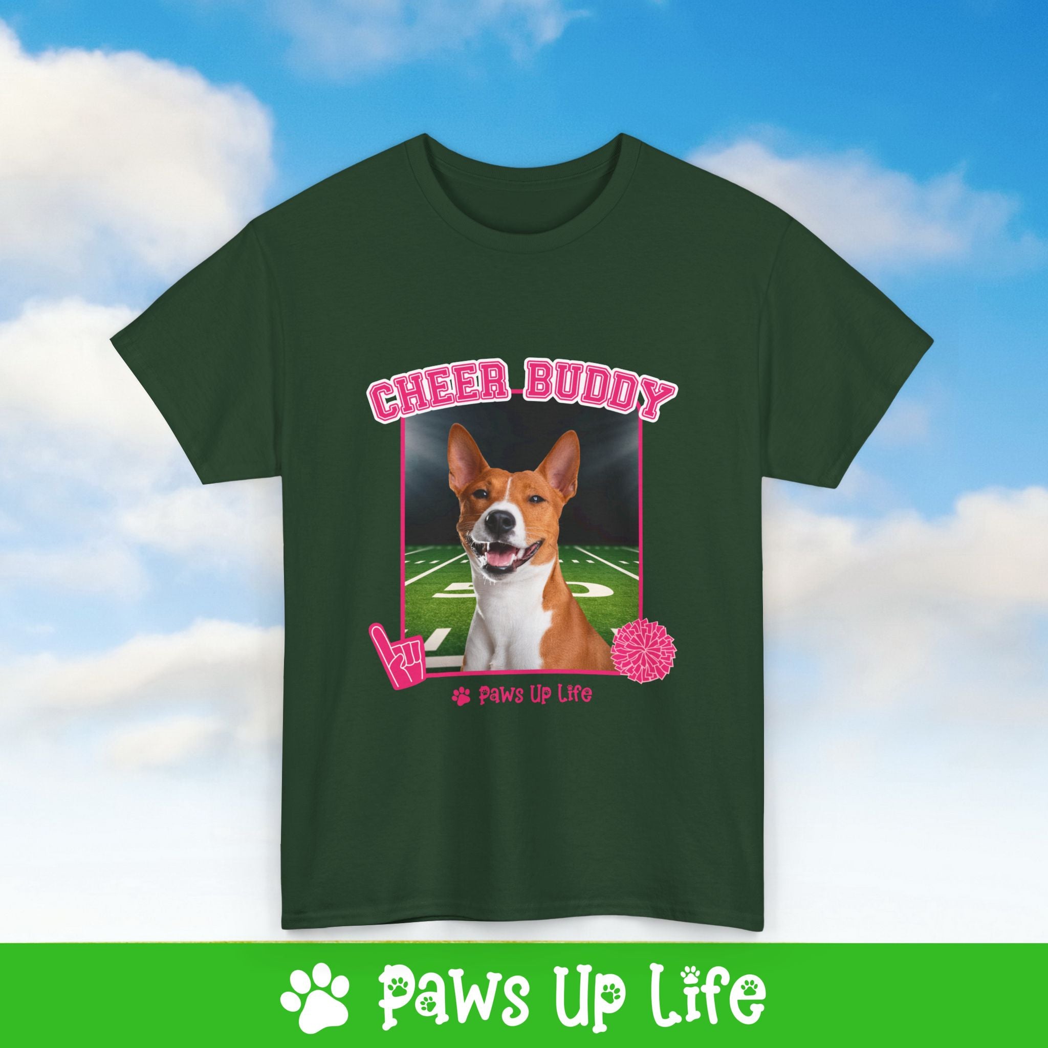 Basenji Cheer Buddy Cheerleading Dog Tee, Shirt, Unisex Pet Lover Gift, Dog Mom Dad Tshirt, Animal Rescue Advocate, Cute Puppy Graphic Top Classic Collar | Paws Up Life, LLC