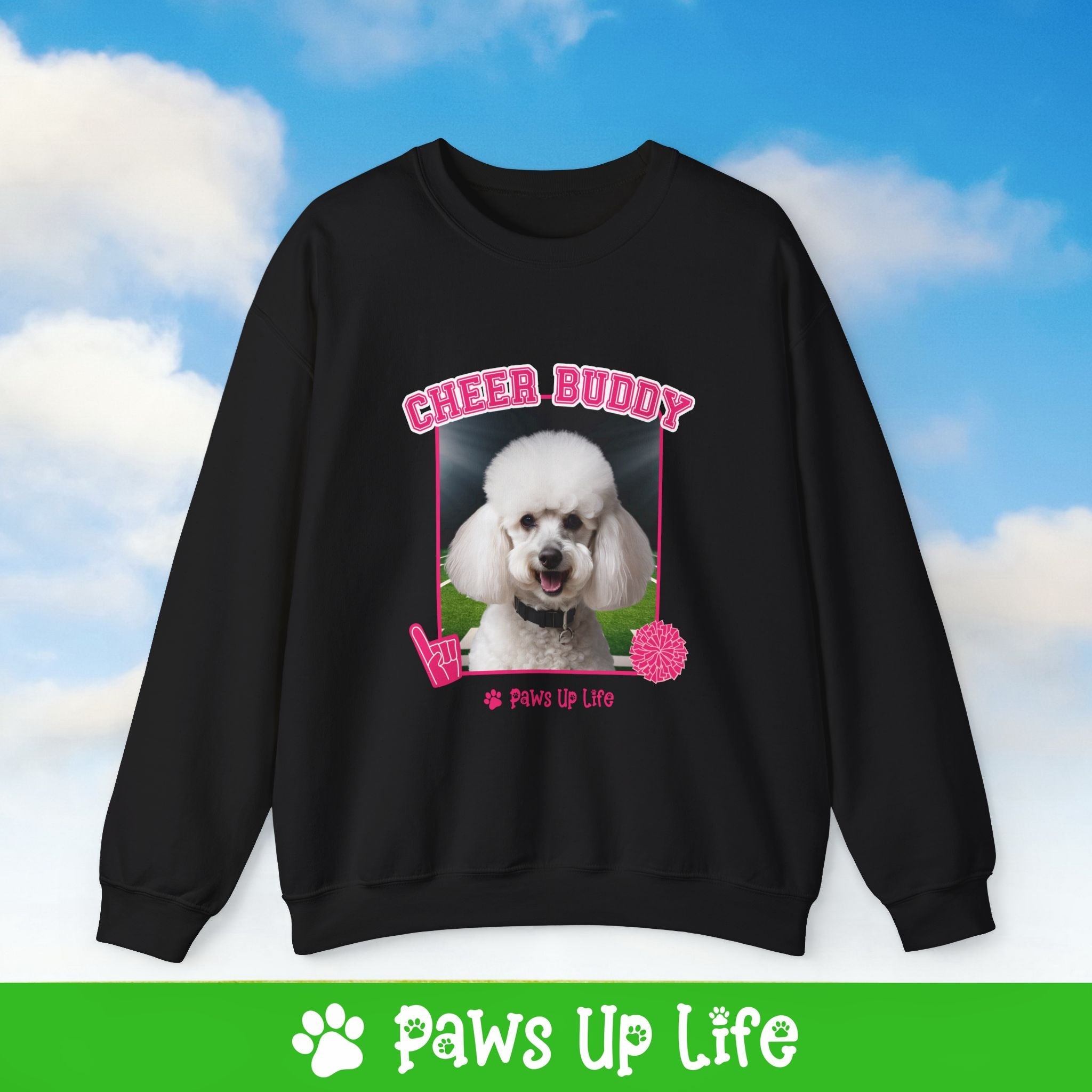 White Poodle Football Cheer Buddy Cheerleading Dog Crewneck Sweatshirt, Unisex Gift for Animal Lovers, Dog Mom Dad Sweatshirt, Cute Dog Lover Apparel, Fun Pet | Paws Up Life, LLC