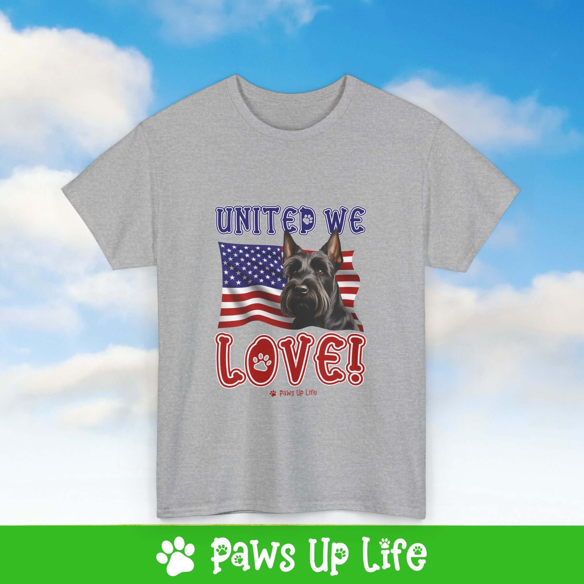 "United We Love" Scottish Terrier Lover T-Shirt – Perfect Patriotic Gift for Dog Lovers, Unisex Dog Mom & Dad Tee with a Fun Dog Design | Paws Up Life, LLC