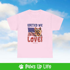 "United We Love" Yorkshire Terrier Lover T-Shirt - Patriotic Dog Design Tee for Dog Lovers, Unisex Dog Mom & Dad Tee with Classic Collar - Cotton Fabric Tshirt