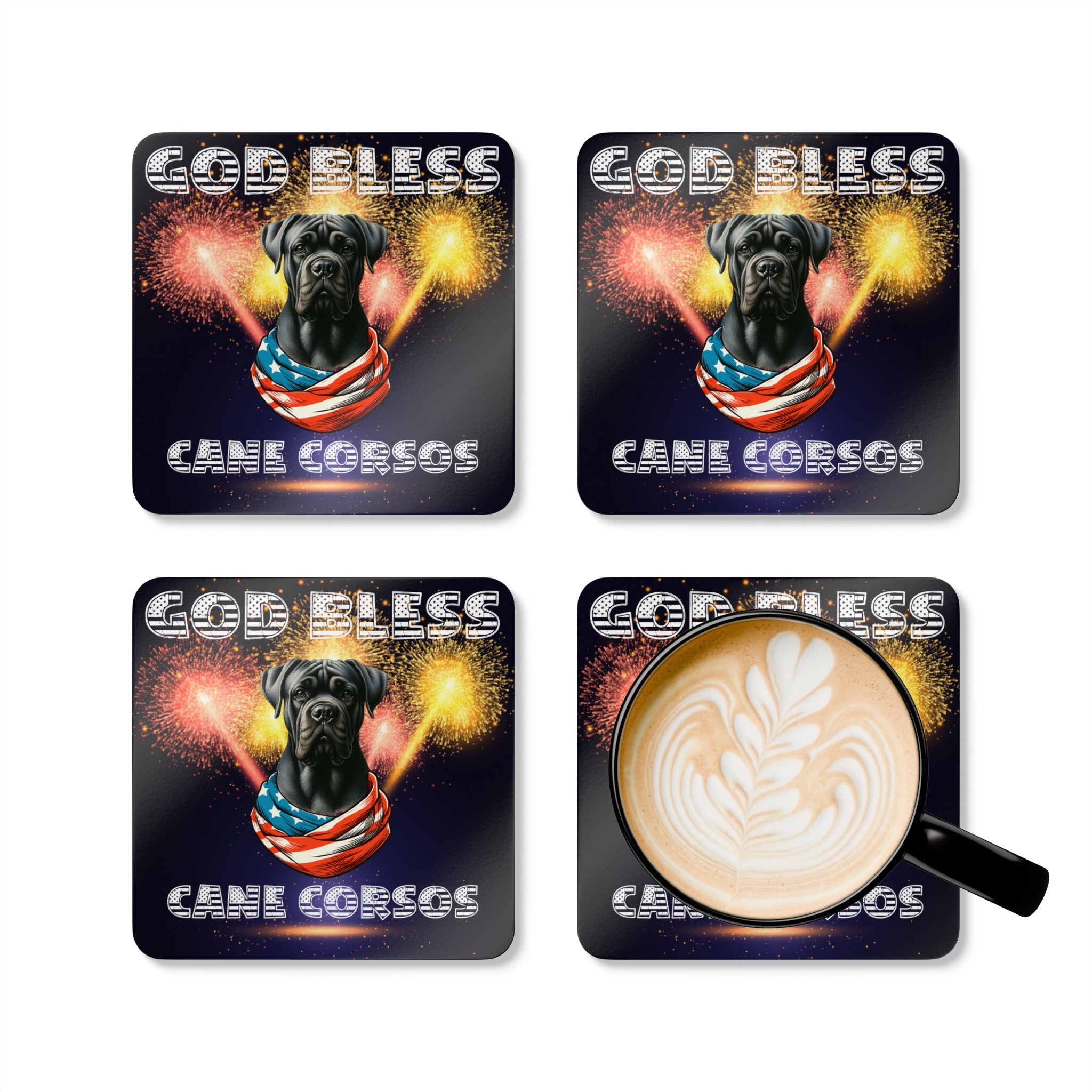 God Bless Cane Corso Patriotic Corkwood Coaster Set | Set of 4