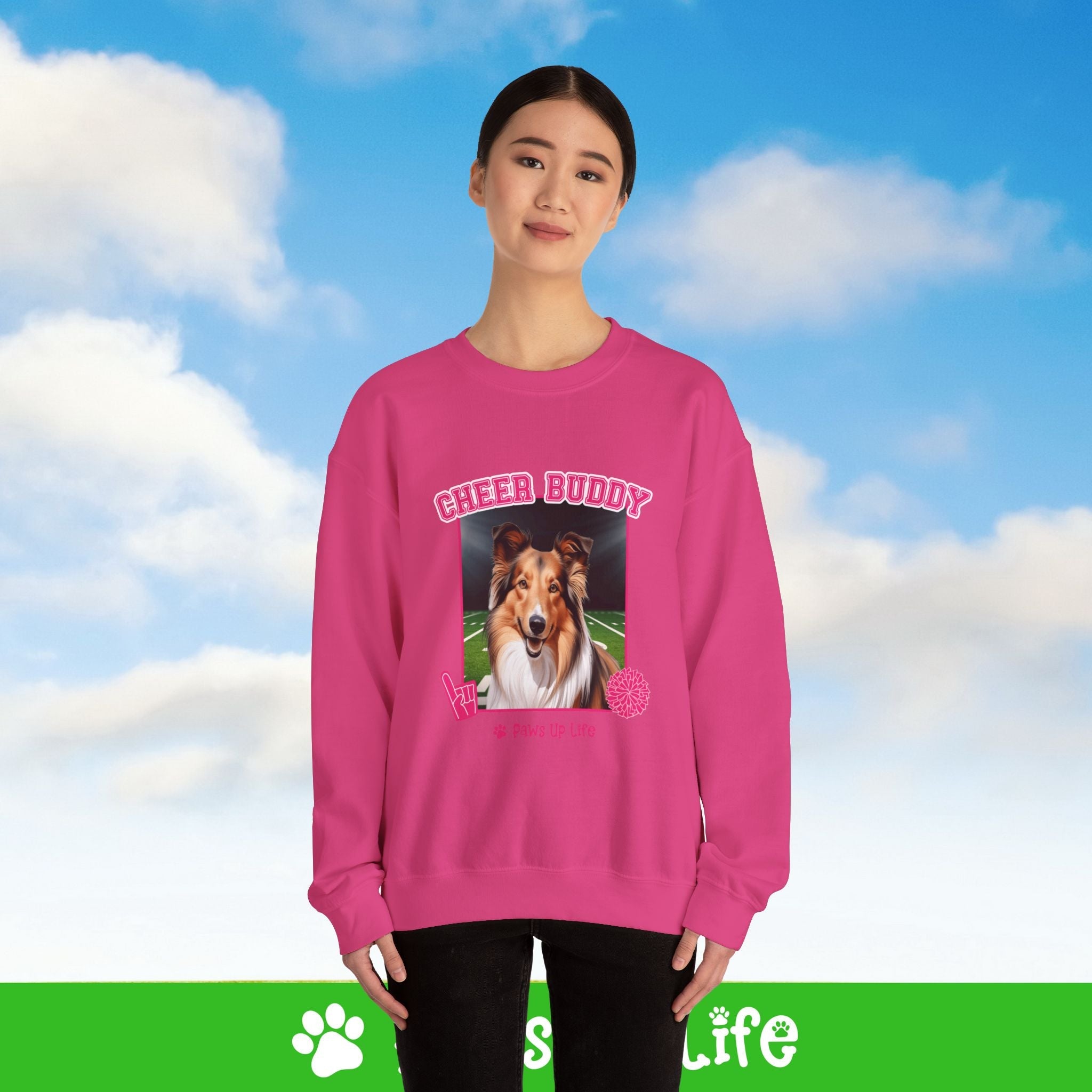 Shetland Sheepdog Football Cheer Buddy Cheerleading Dog Crewneck Sweatshirt, Unisex Gift for Animal Lovers, Dog Mom Dad Sweatshirt, Cute Dog Lover Apparel, Fun Pet | Paws Up Life, LLC