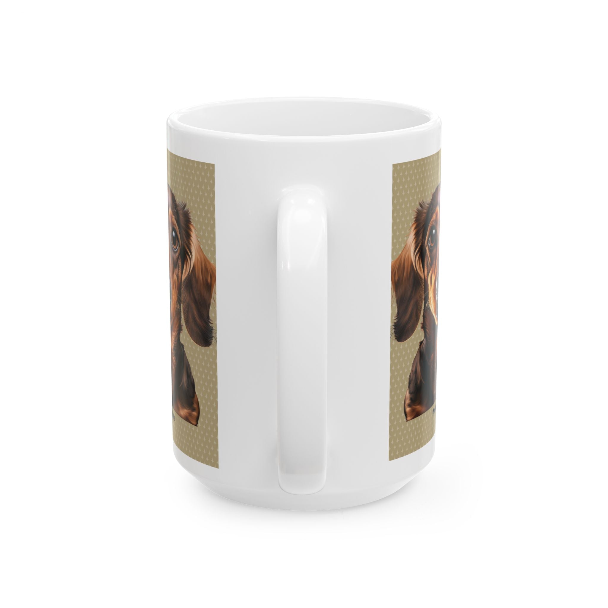 15 oz White Ceramic Mug with Adorable Long-Haired Dachshund Design – Ideal for Coffee, Tea, and Dog Enthusiasts.