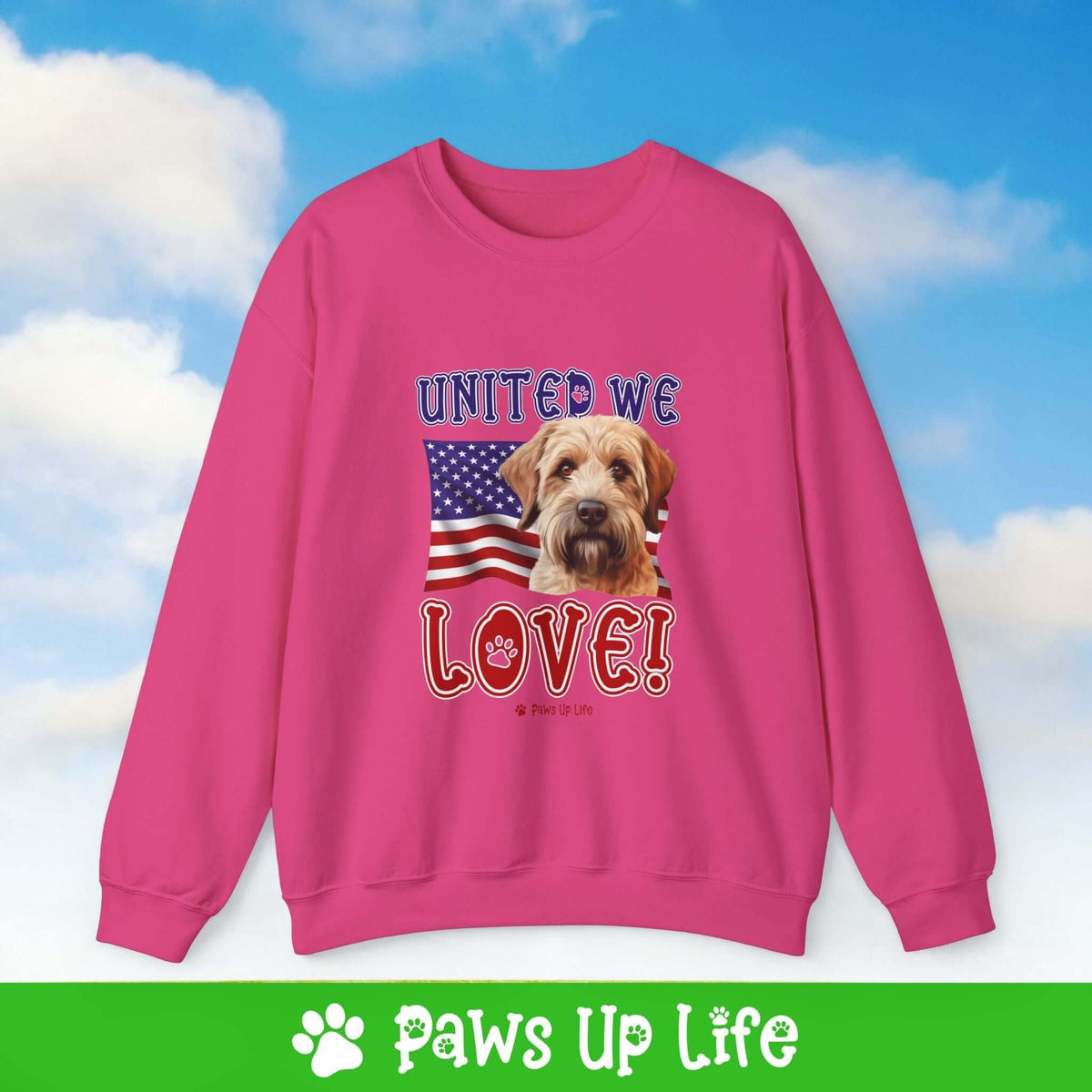 "United We Love" Soft Coated Wheaten Terrier Dog Crewneck Sweatshirt – Patriotic Dog Lover Gift, Unisex Apparel for Proud Dog Moms & Dads | Paws Up Life, LLC