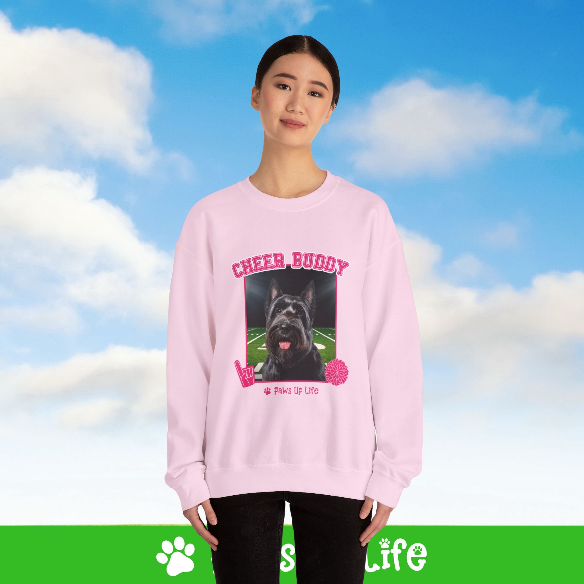 Black Scottish Terrier Football Cheer Buddy Cheerleading Dog Crewneck Sweatshirt, Unisex Gift for Animal Lovers, Dog Mom Dad Sweatshirt, Cute Dog Lover Apparel, Fun Pet | Paws Up Life, LLC