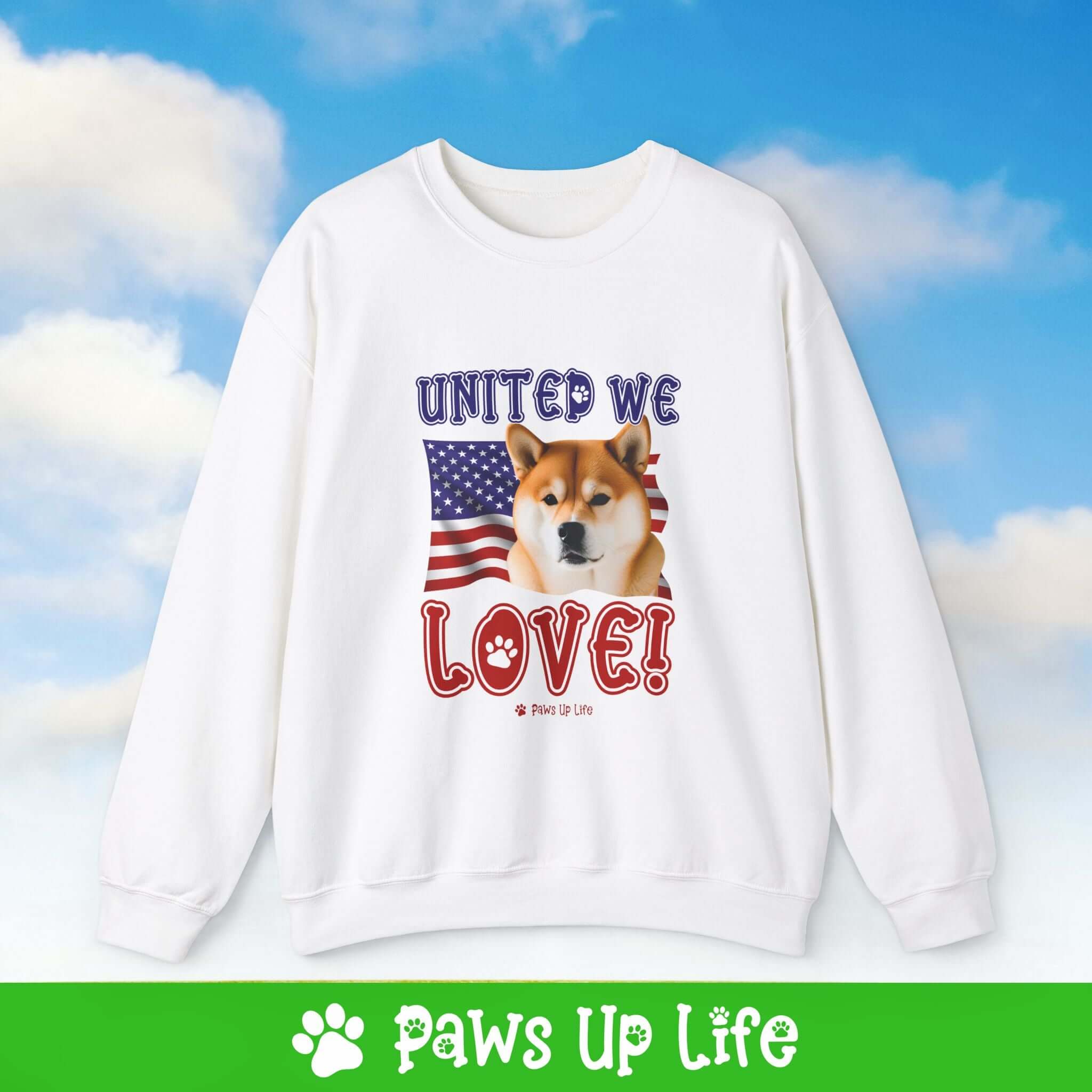 "United We Love" Shiba Inu Dog Crewneck Sweatshirt – Patriotic Dog Lover Gift, Unisex Apparel for Proud Dog Moms & Dads