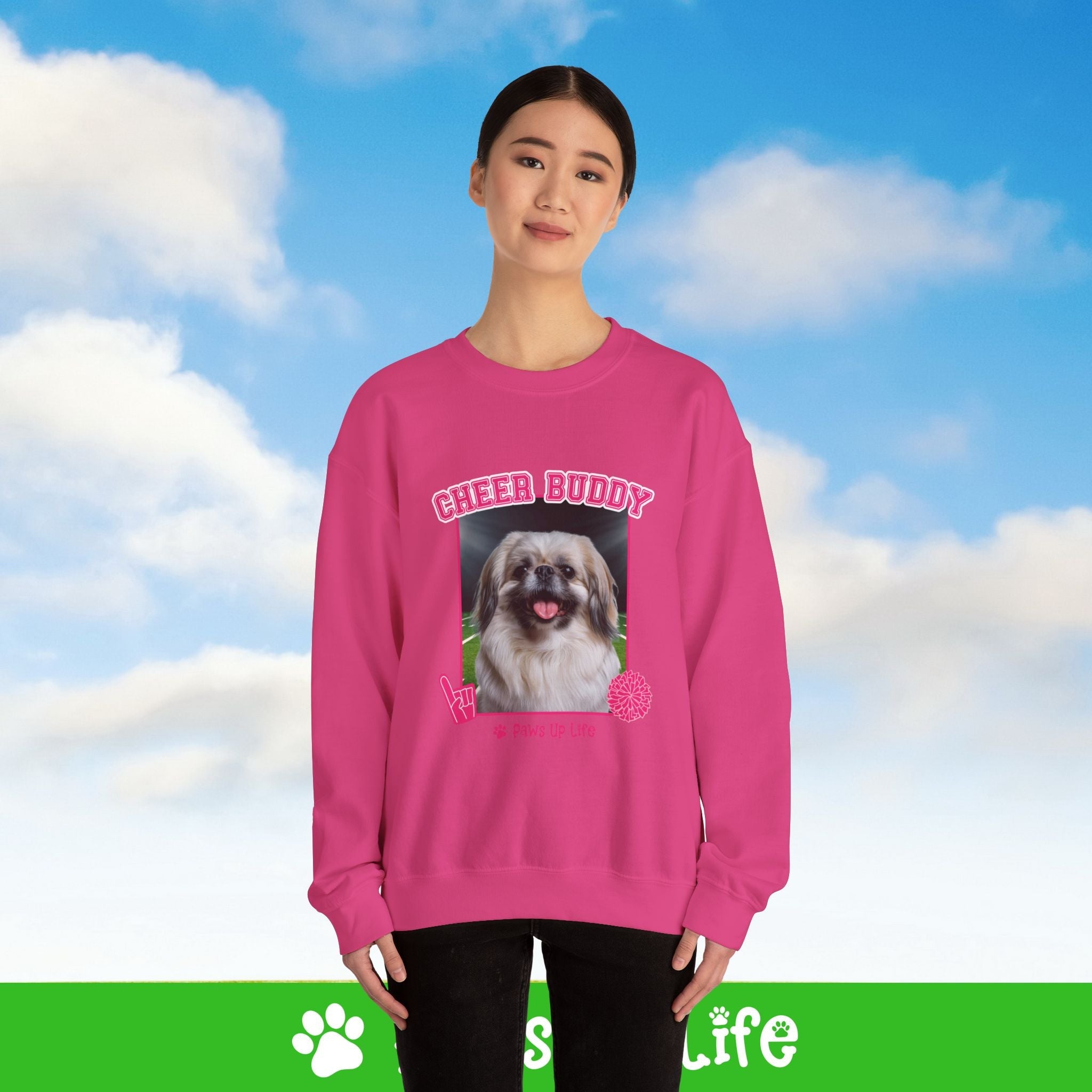 Pekinese Football Cheer Buddy Cheerleading Dog Crewneck Sweatshirt, Unisex Gift for Animal Lovers, Dog Mom Dad Sweatshirt, Cute Dog Lover Apparel, Fun Pet | Paws Up Life, LLC