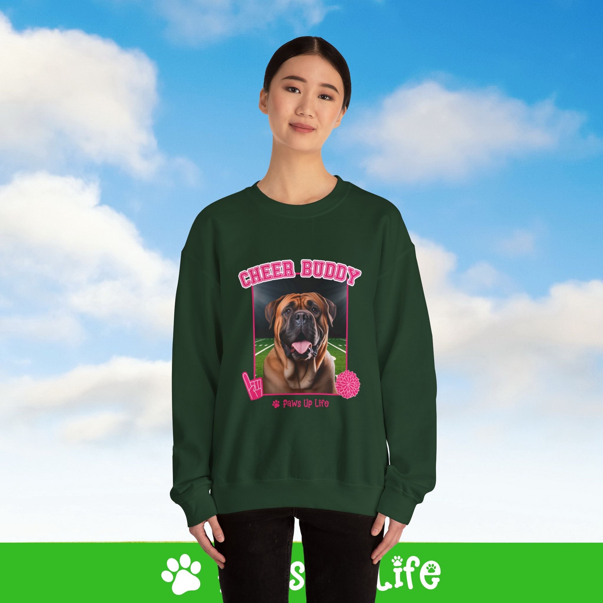 Mastiff Football Cheer Buddy Cheerleading Dog Crewneck Sweatshirt, Unisex Gift for Animal Lovers, Dog Mom Dad Sweatshirt, Cute Dog Lover Apparel, Fun Pet | Paws Up Life, LLC