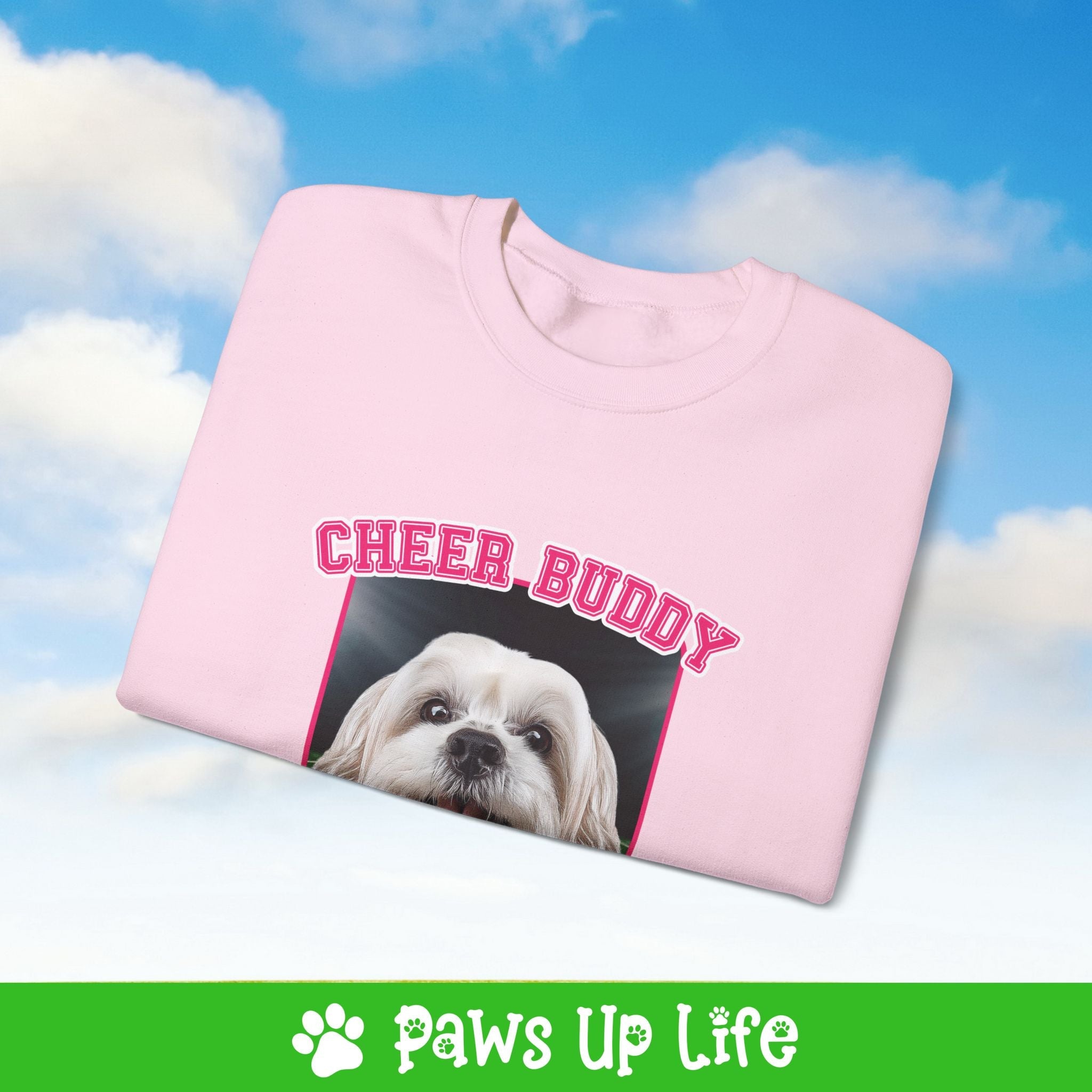 White Lhasa Apso Football Cheer Buddy Cheerleading Dog Crewneck Sweatshirt, Unisex Gift for Animal Lovers, Dog Mom Dad Sweatshirt, Cute Dog Lover Apparel, Fun Pet