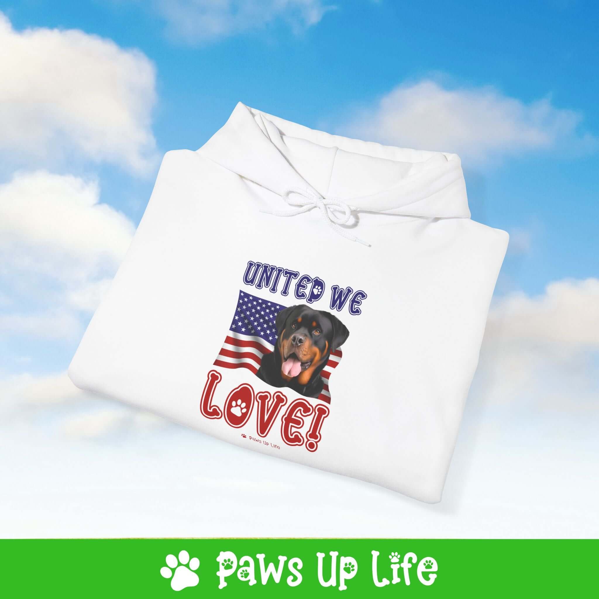 "United We Love" Rottweiler Hoodie – Fun Dog Lover Design | Cozy 50/50 Blend Unisex Sweater, Perfect Gift for Pet Lovers! | Paws Up Life, LLC