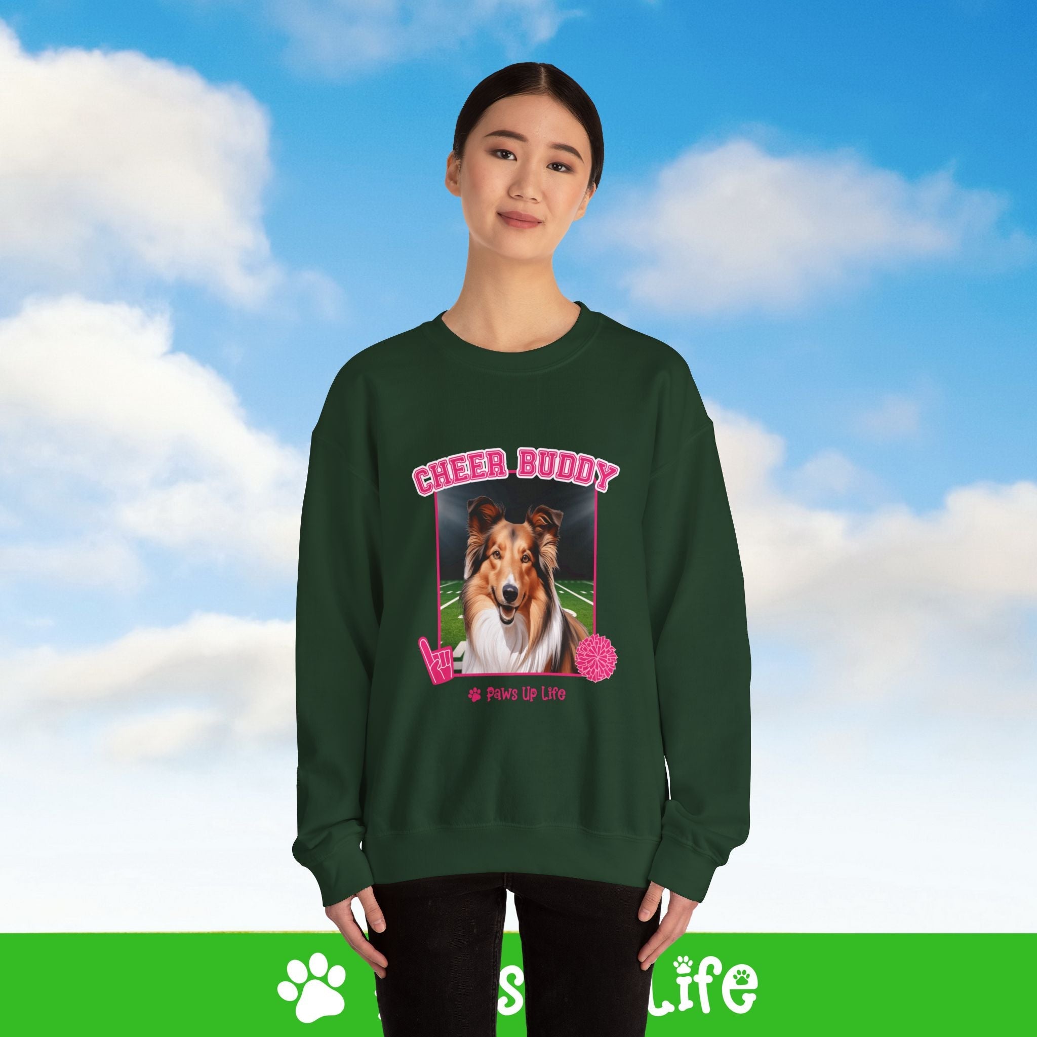 Shetland Sheepdog Football Cheer Buddy Cheerleading Dog Crewneck Sweatshirt, Unisex Gift for Animal Lovers, Dog Mom Dad Sweatshirt, Cute Dog Lover Apparel, Fun Pet | Paws Up Life, LLC