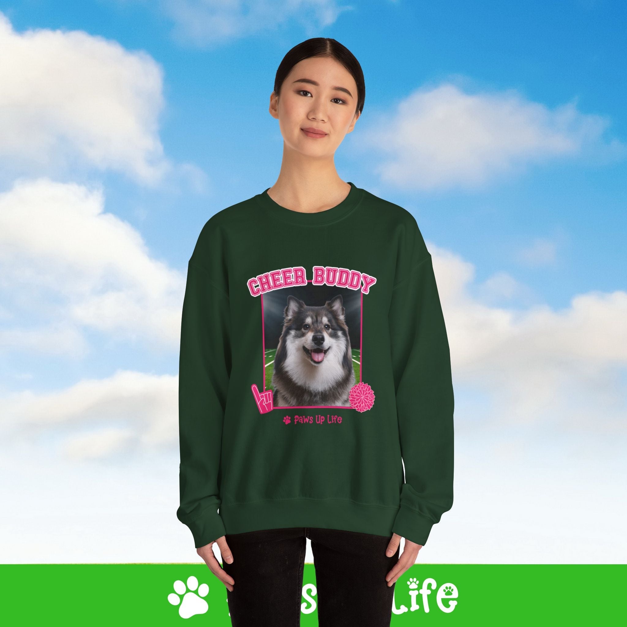 Finnish Lapphund Football Cheer Buddy Cheerleading Dog Crewneck Sweatshirt, Unisex Gift for Animal Lovers, Dog Mom Dad Sweatshirt, Cute Dog Lover Apparel, Fun Pet | Paws Up Life, LLC