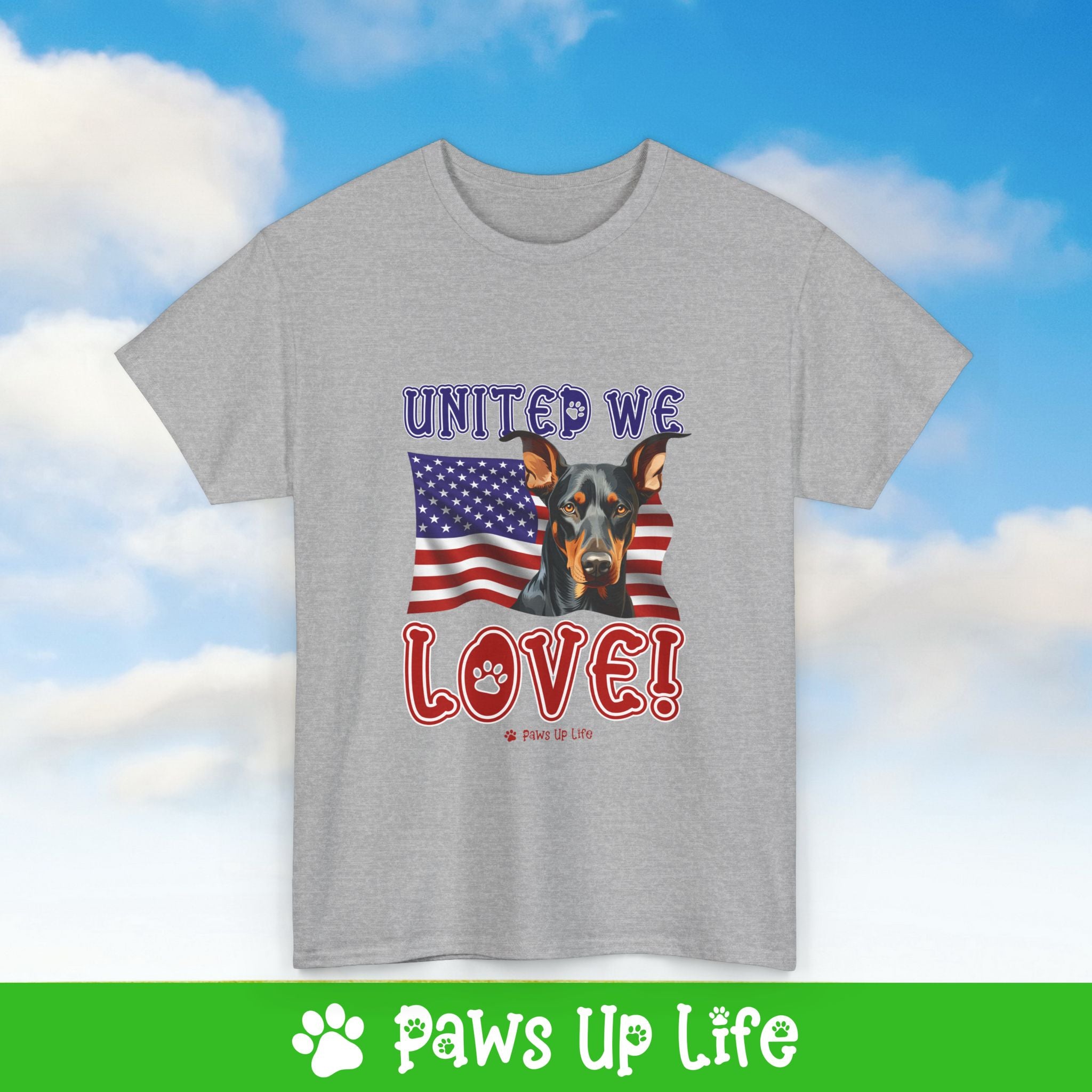 Doberman Pinscher Dog United We Love Dog Tee, Shirt, Unisex Pet Lover Gift, Dog Mom Dad Tshirt, Animal Rescue Advocate, Cute Puppy Graphic Top Classic Collar | Paws Up Life, LLC