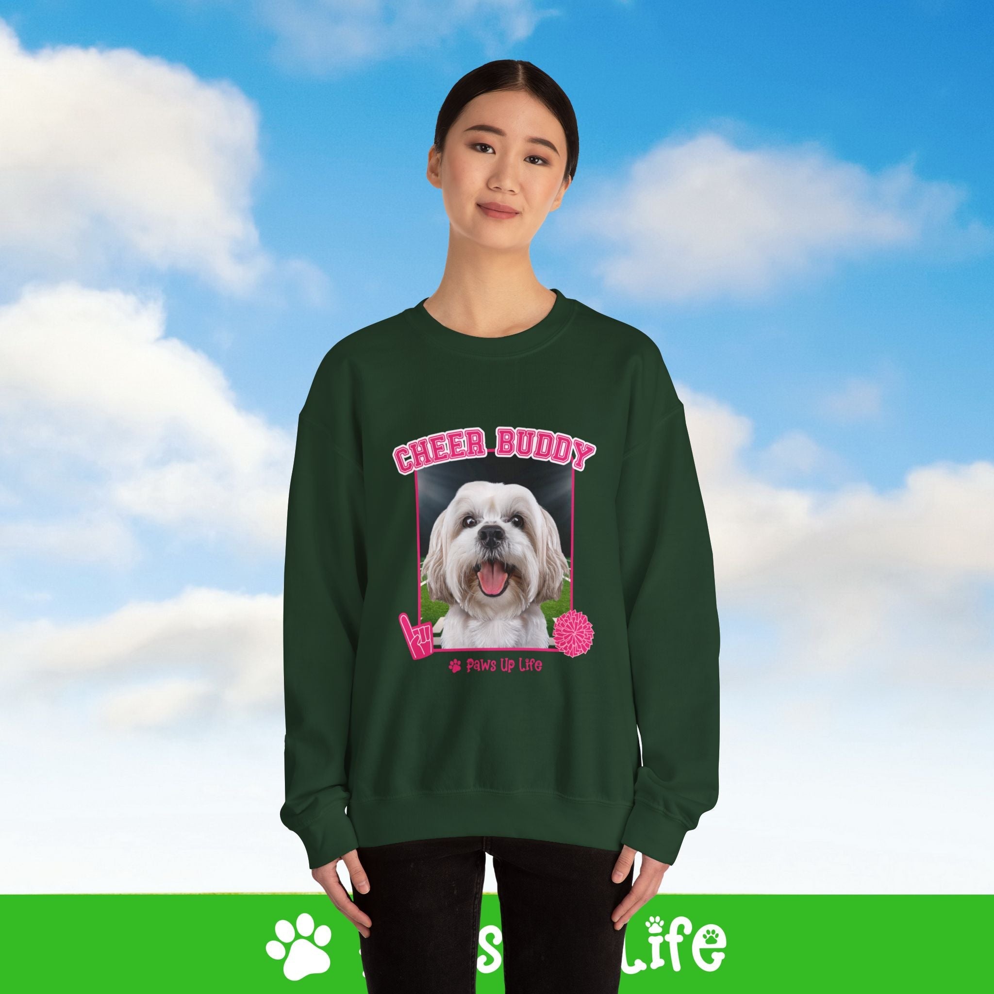 White Lhasa Apso Football Cheer Buddy Cheerleading Dog Crewneck Sweatshirt, Unisex Gift for Animal Lovers, Dog Mom Dad Sweatshirt, Cute Dog Lover Apparel, Fun Pet | Paws Up Life, LLC